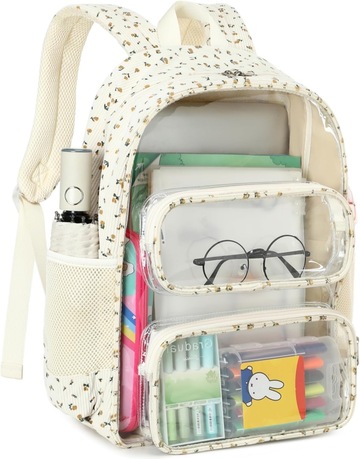 CAMTOP Clear Backpack Heavy Duty Transparent Bag See Through BookBag for Student School Work Festival Sport Travel (Beige Yellow Flowers)