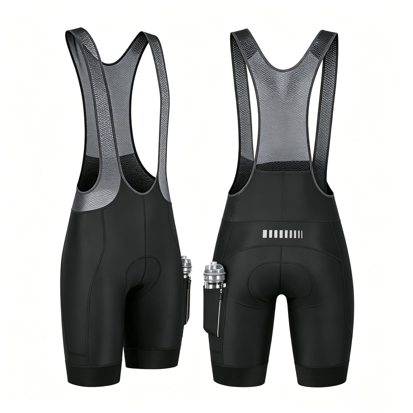 Pantaloncini da ciclismo da uomo con bretelle e imbottitura in gel 5D, pantaloncini da ciclismo traspiranti ad asciugatura rapida, con 3 tasche e strisce riflettenti; calzamaglia da ciclismo su strada