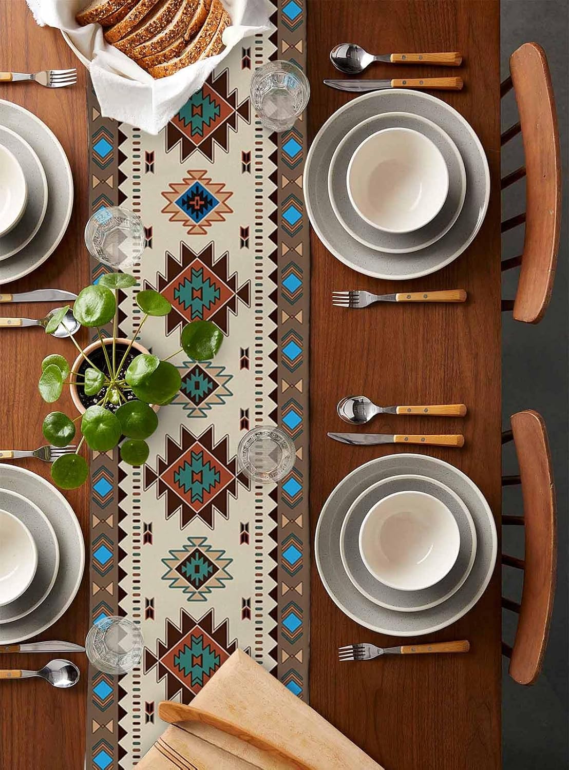 Southwestern Table Runner 72 Inches Long for Dining Table, Cotton Linen Farmhouse Table Runner Washable Coffee Runners for Kitchen Dresser Holiday Ethnic Illustration of a Zigzags Art 18x72in