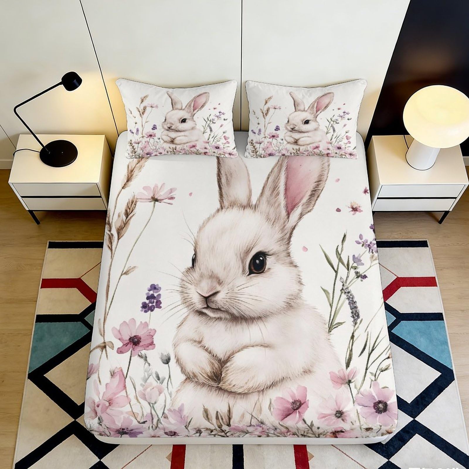 Pnayamiorkfel Style-7 3D Printed Bunny Floral Fitted Sheet Microfiber Soft Breathable Rabbit Meadow Mattress Cover For Bedroom Guest Room Decor 90X200x25cm