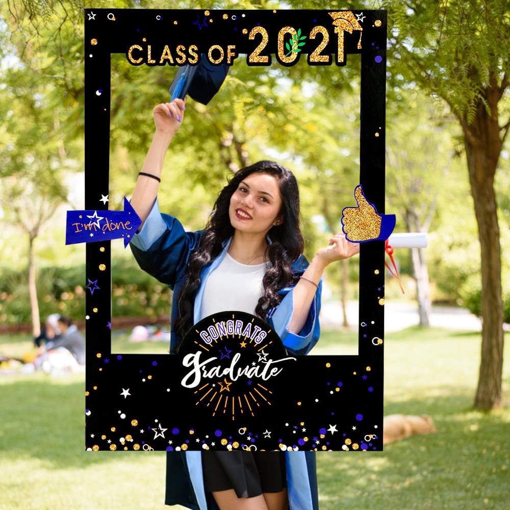 Graduation Photo Booth Props,1pcs Large Photo Props Frame Class of 2021 Grad Decor, 50pcs Black & Gold for Graduation Party Favors Supplies Decorations (Graduation Photo Booth Props 1)
