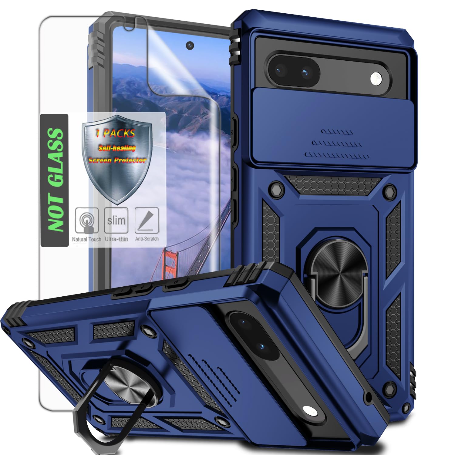 for Pixel 6A Case with Camera Lens Cover,HD Screen Protector,Military Grade Drop Protection,Magnetic Ring Holder Kickstand Protective Phone Case for Google Pixel 6A,Blue