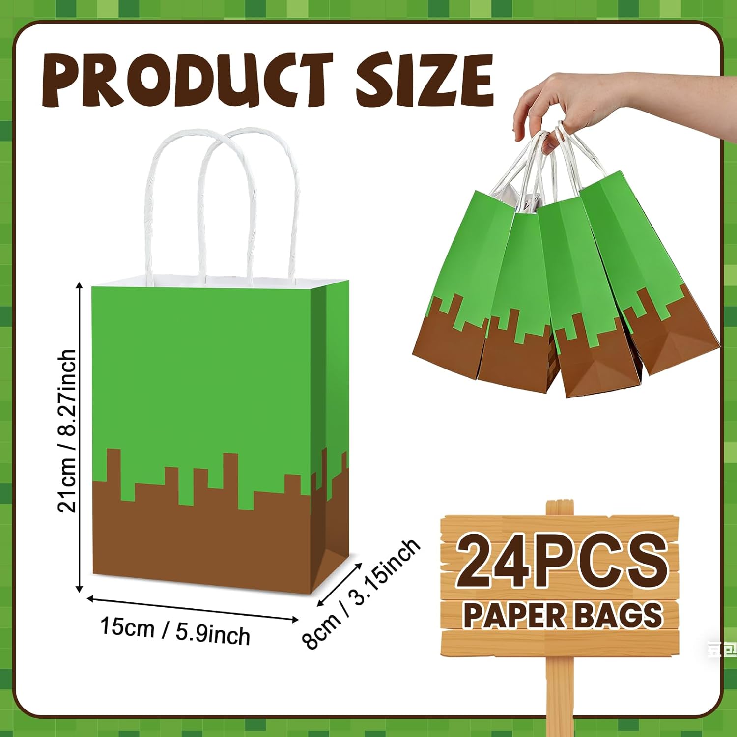 24Pcs Pixel Theme Party Favor Bags Video Game Party Supplies Pixel Paper Gift Mining Theme Goodie Bags with Handle Gamer Birthday Treat Candy Bag for Kids Pixelated Birthday Baby Shower Decoration