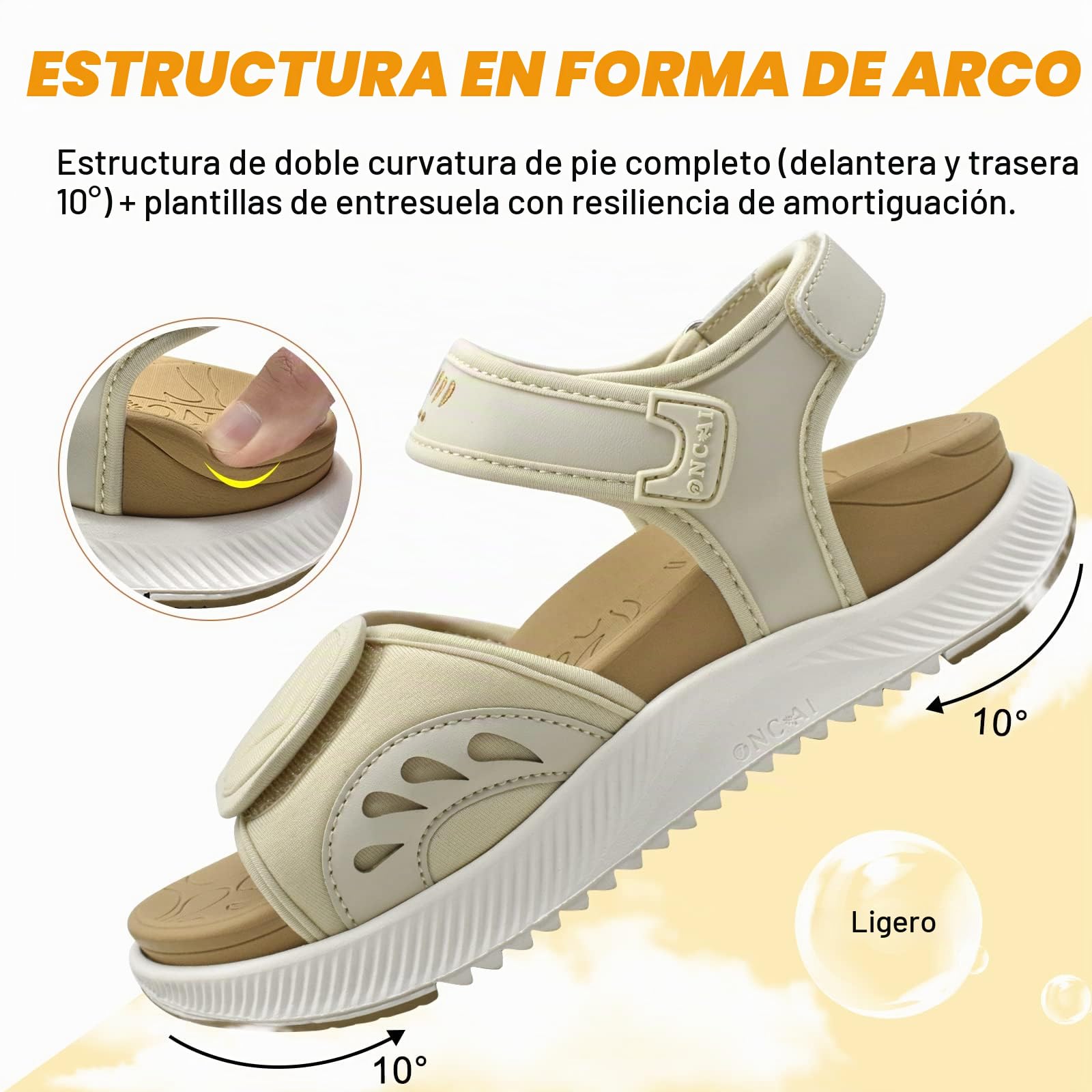 ONCAI Sandalias Mujer Caminar 2025,Arco Soporte Senderismo Sandalias con Ortopédica Plantilla para Fascitis Plantar,Deportivas Plataforma Slides Mujer con 3 Ajustables Correas,Beige/Blanco Tamaño 39