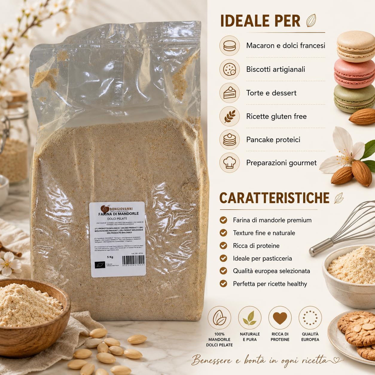 Bongiovanni Farine E Bonta' Naturali Farina di Mandorle Pelate 5Kg BIO