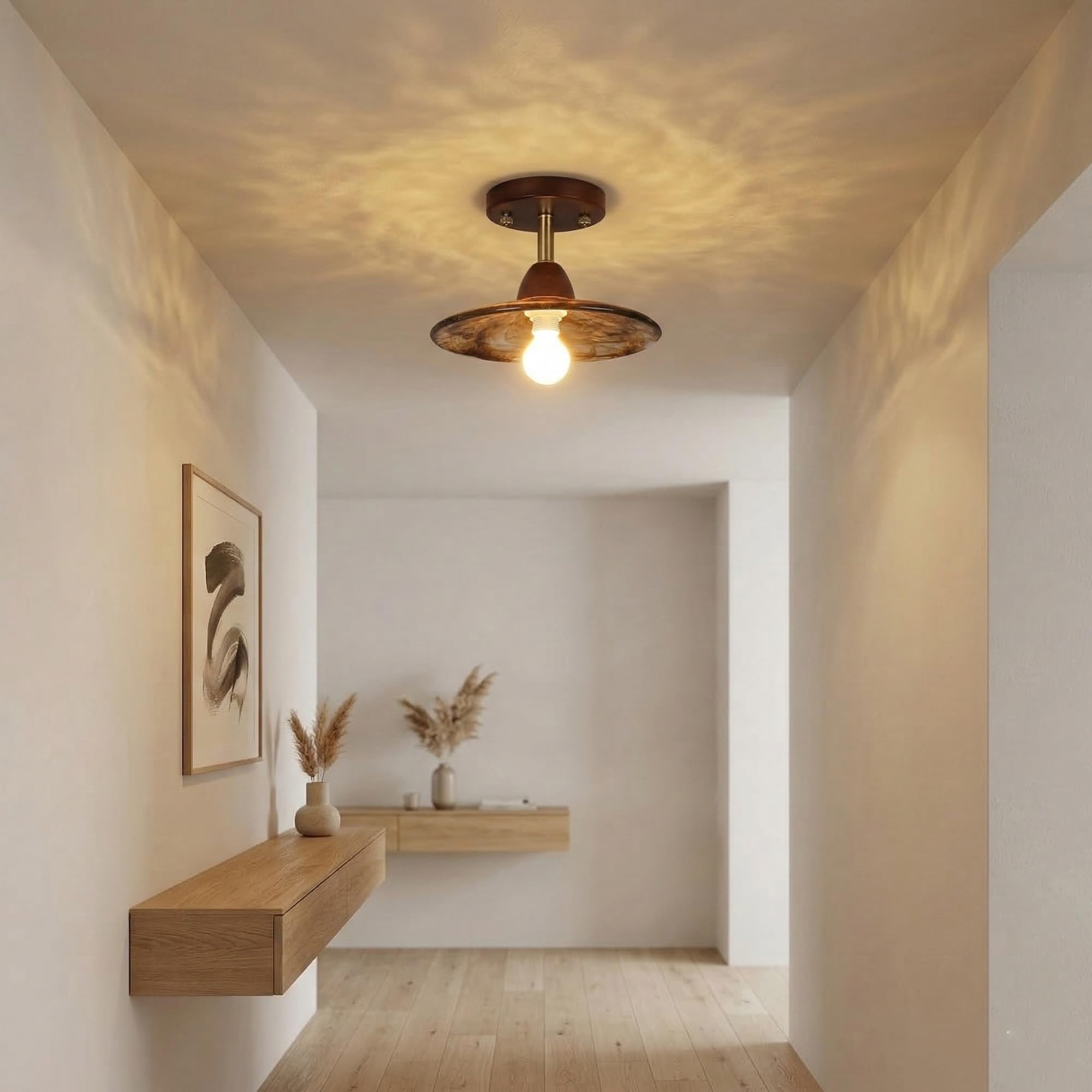 Nowoczesna drewniana lampa sufitowa z połowy wieku, wykończenie orzecha włoskiego, oprawa podtynkowa, japońska lampa szklana, półflushowa, oświetlenie vintage do przedpokoju, wejścia, werandy