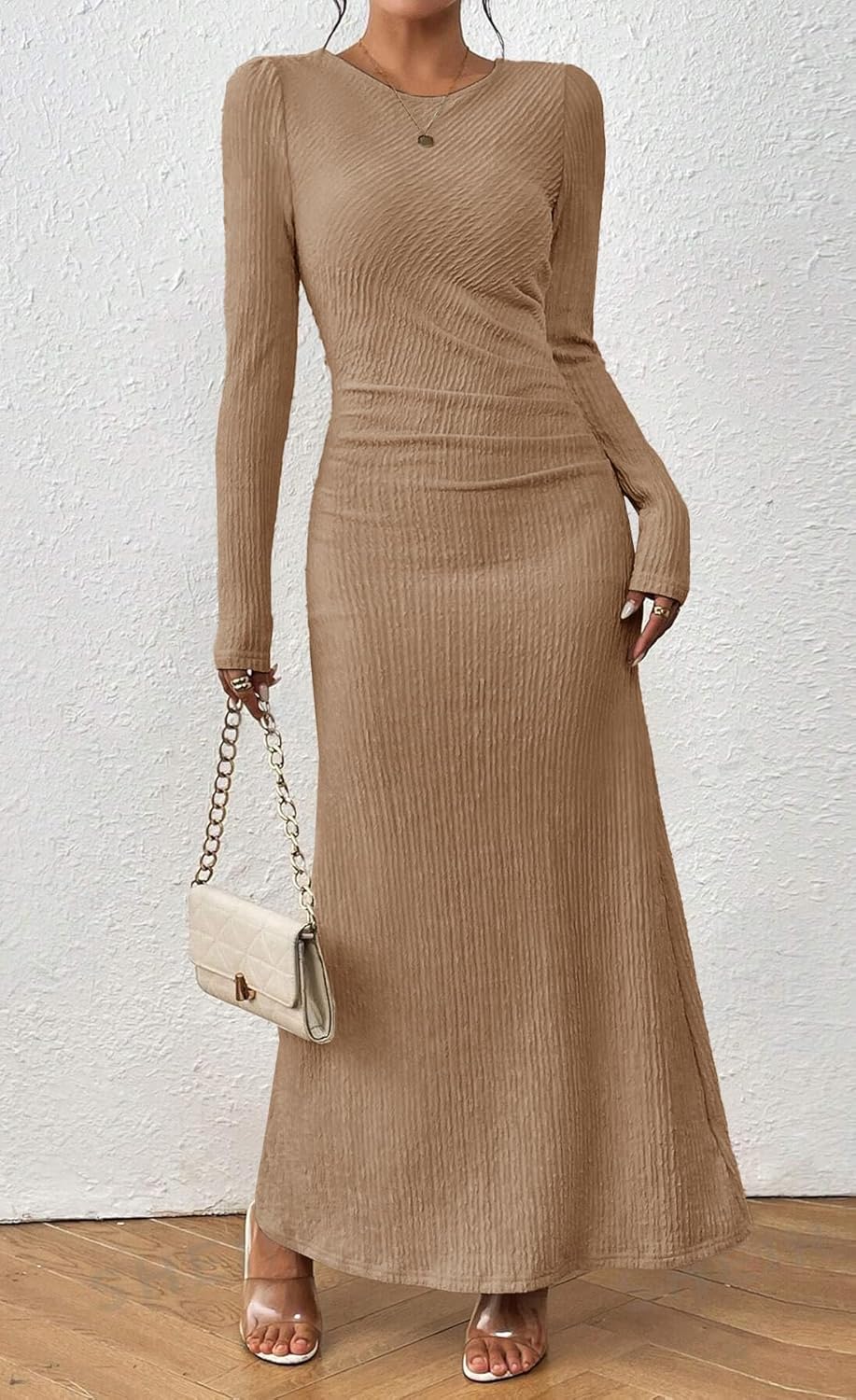 MITILLY Fall Dress for Women 2026 Long Sleeve Maxi Dress Formal Crew Neck Bodycon Ruched Cocktail Party Dresses - Image 2