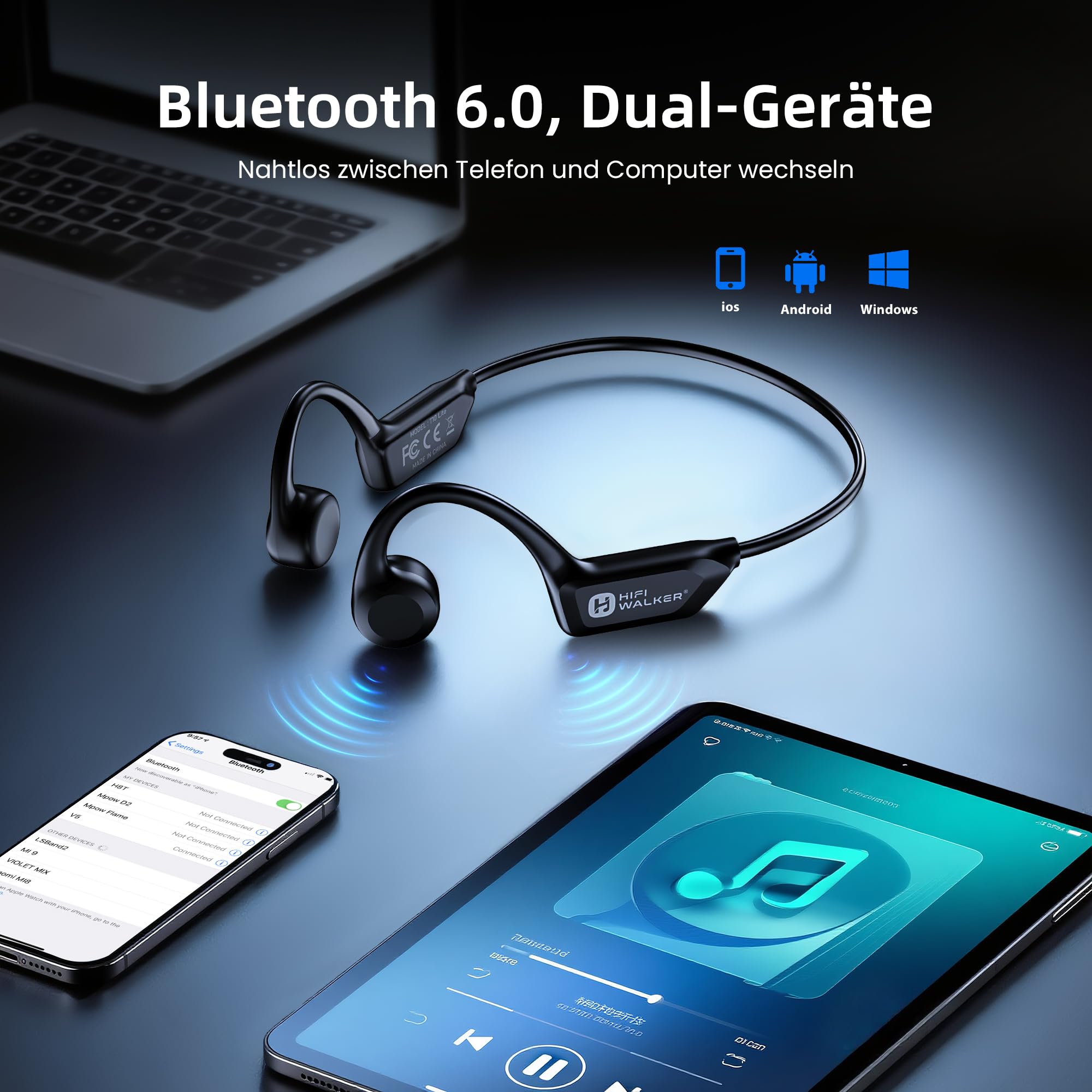 HIFI WALKER Knochenschall Kopfhörer, Open Ear Kopfhörer Bluetooth 6.0, Bone Conduction Headphones 18 Stunden Akkulaufzeit, IPX7 Wasserdicht Sportkopfhörer für Fitness/Radfahren/Fahren/Laufen
