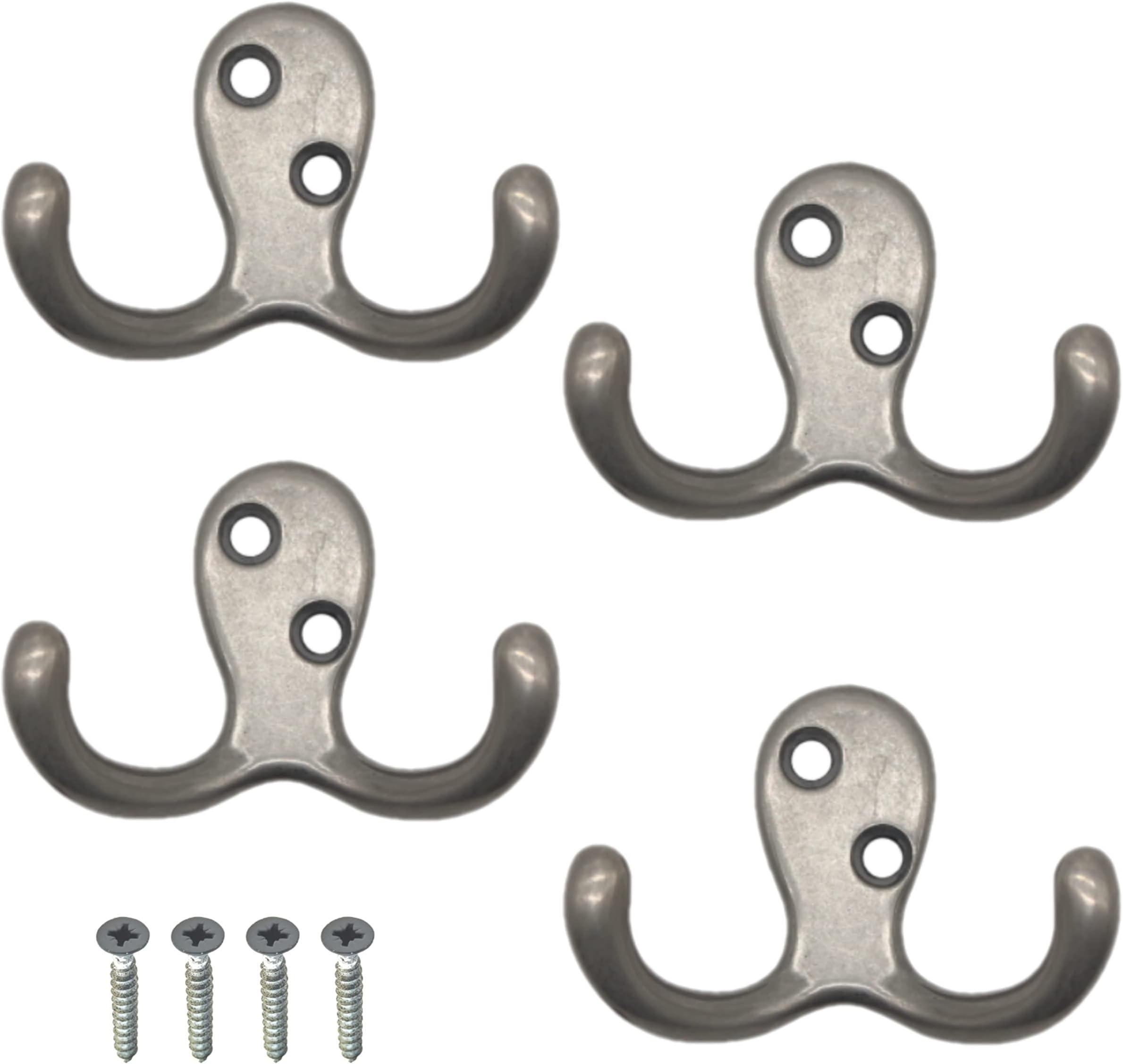 Double Robe Hook for Coats Bath Towels 55x76mm Pack of 4 (Satin Nickel)