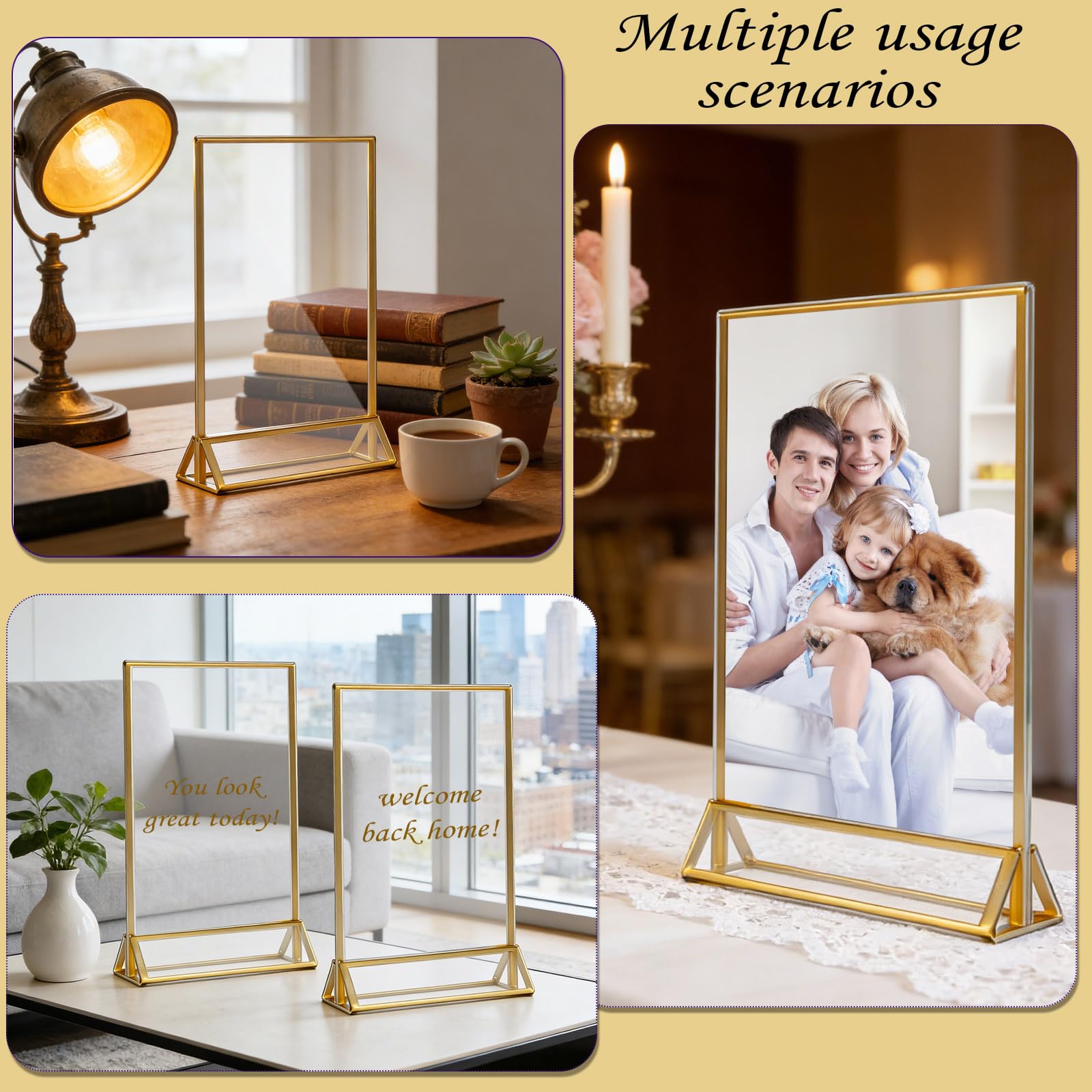 Lot de 6 supports de panneau en acrylique avec bordure dorée, cadre transparent double face, support vertical parfait pour numéros de table de mariage, menu de restaurant, affichage de photos