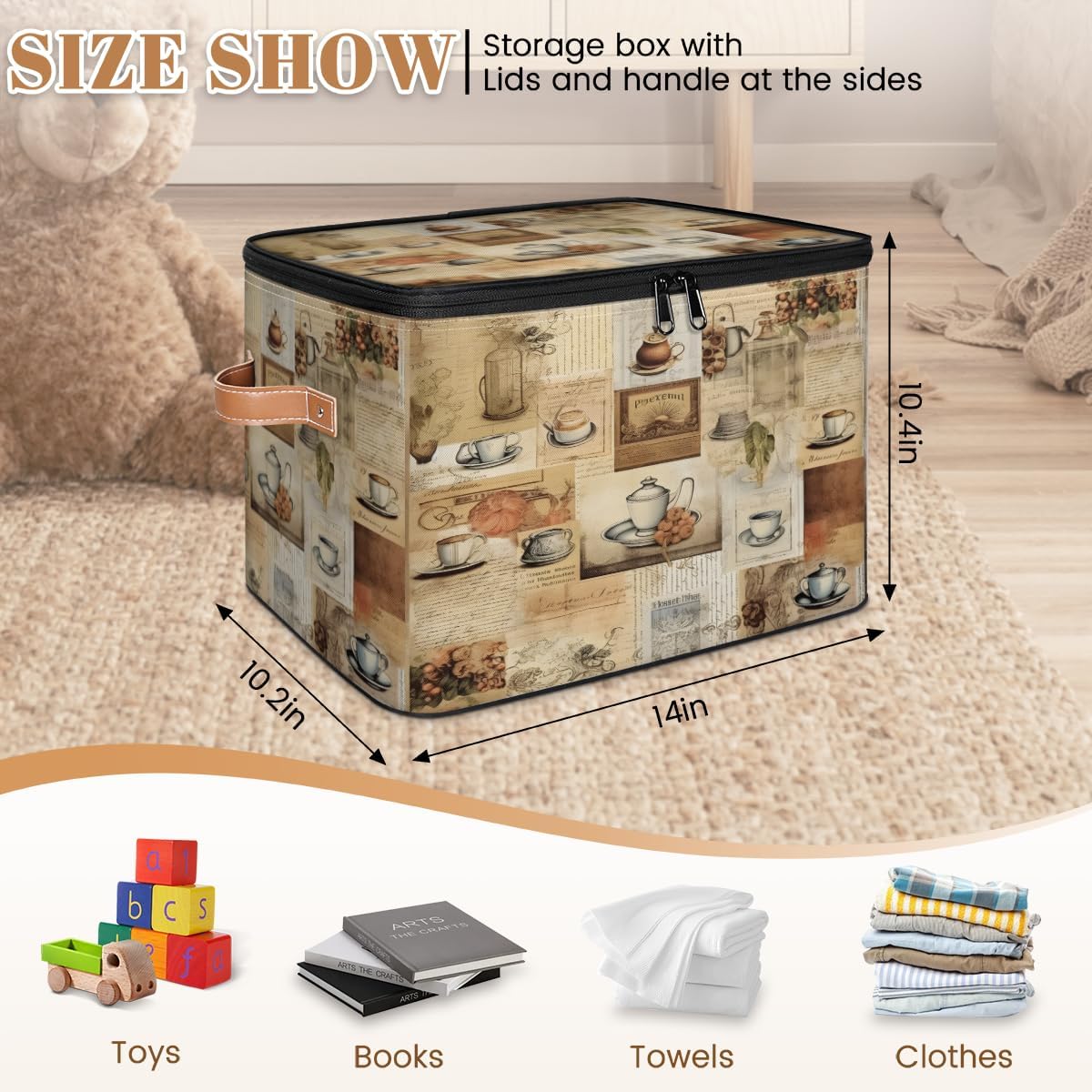 Storage Bin Set of 2 Newspaper Tea Storage Basket with Zipper Lid & Handle Foldable Closet Shelf 2 Pack Cloth Organizer Basket Cube Bins Clothes Organizer for Nursery, Bedroom