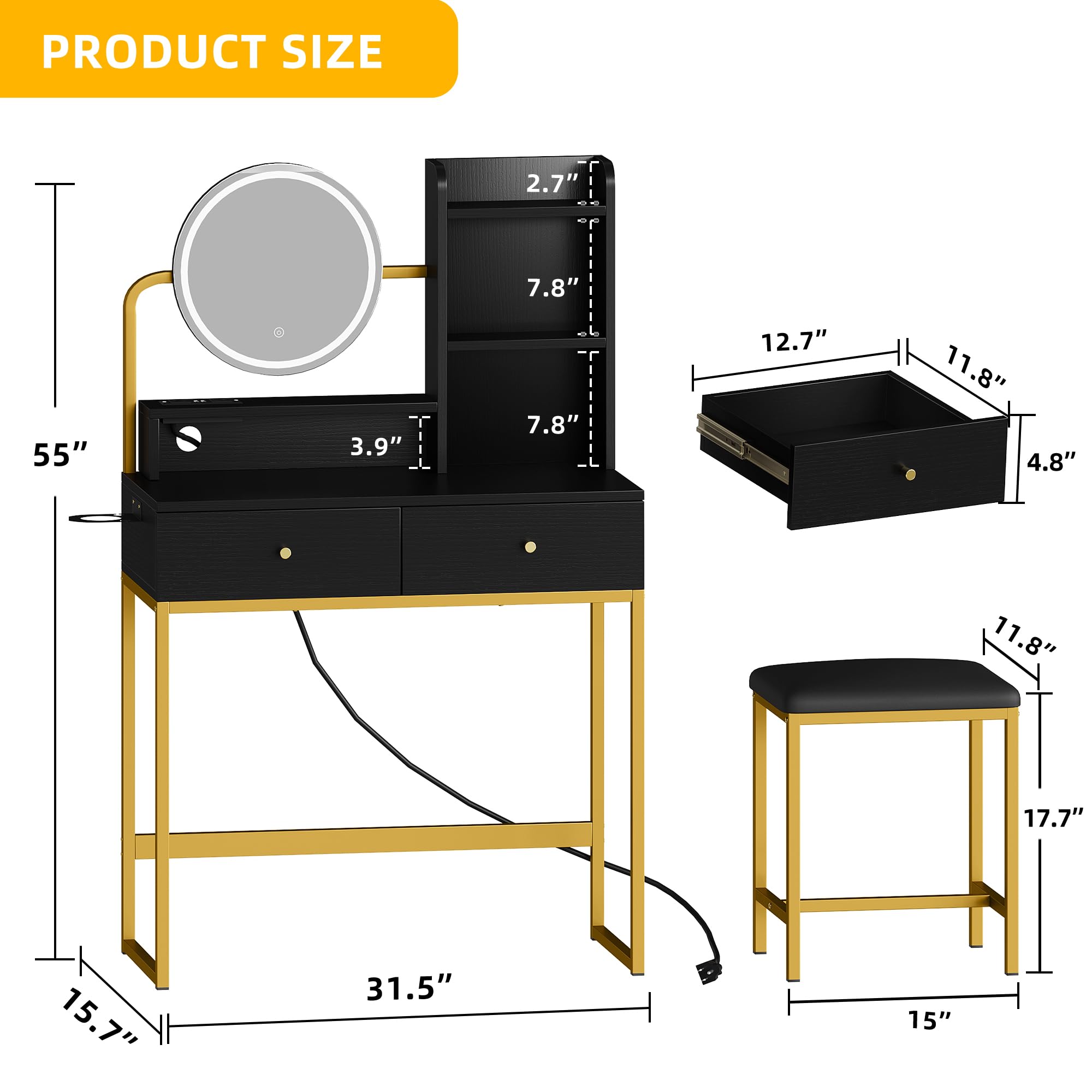 DWVO Makeup Vanity Desk with LED Lighted Mirror, Vanity Set with Charger Station, Makeup Vanity with Drawers, Adjustable 3 Lighting Mode, Small Spaces Vanity Desk with Chair Gift for Girl