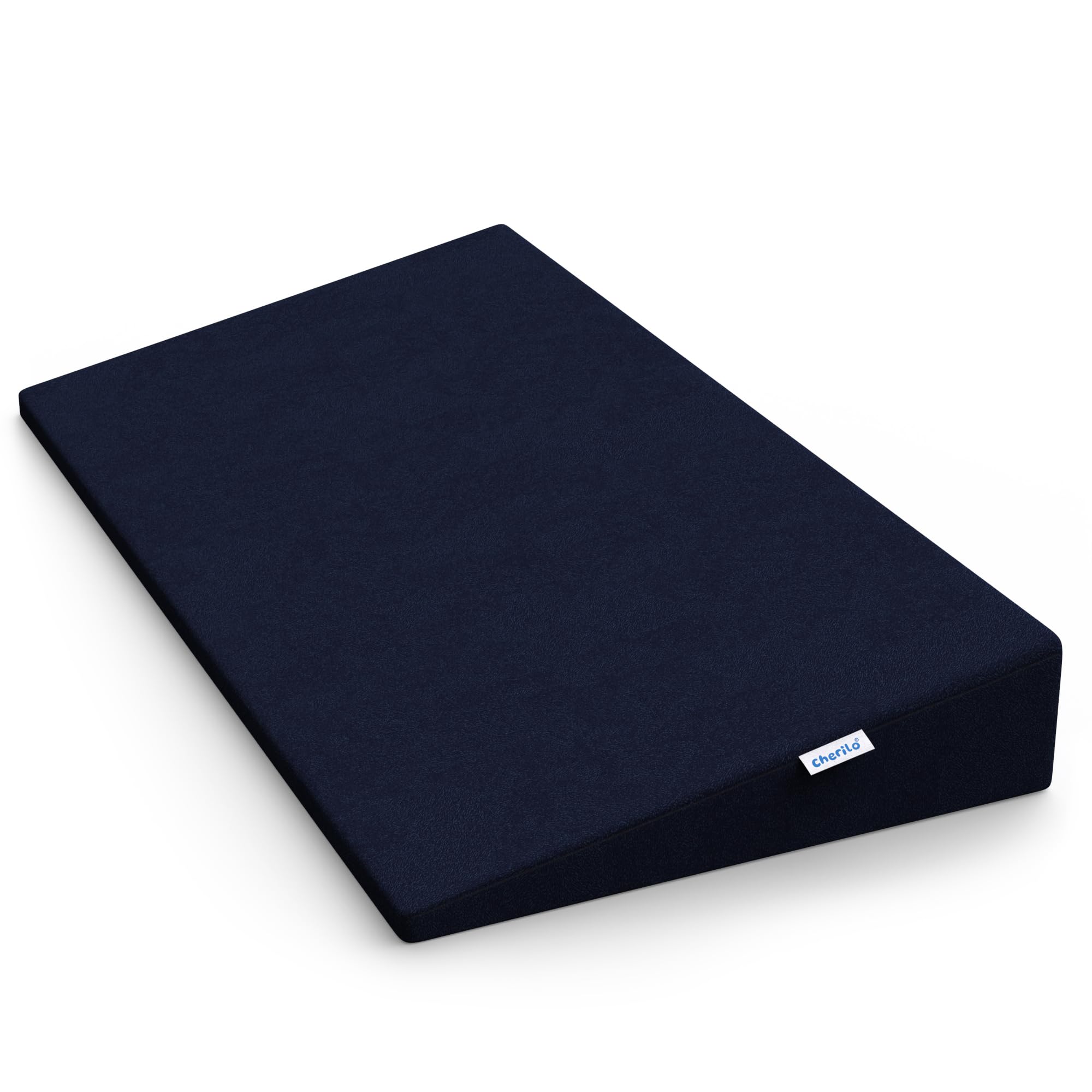 Cherilo Full Size Elevated Wedge Pillow for Baby Crib & Mattress, Helps to Elevate Baby for Acid Reflux, Colic, GERD, Heat Burn & Vomiting - 28" x 14" x 3" - with Removable Velvet Cover - Navy Blue