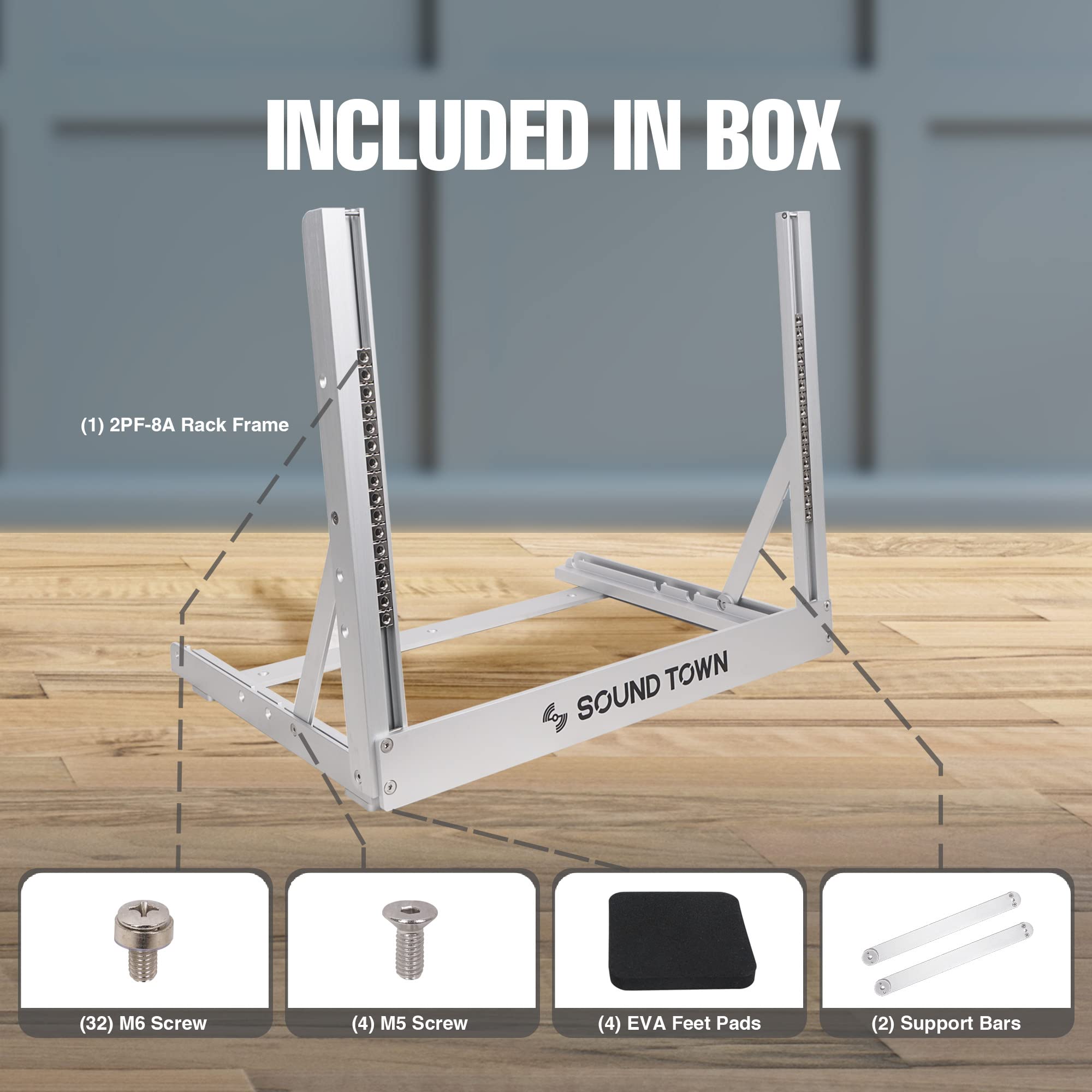 Sound Town 8U 2PF-8A Étagère de bureau à 2 poteaux en aluminium avec angle réglable pour audio/vidéo, commutateurs réseau, routeurs, panneaux de brassage