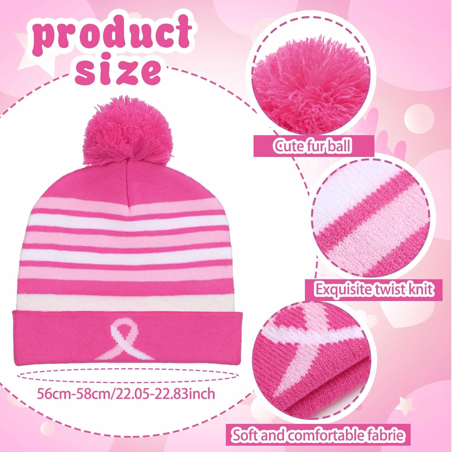 12 Pack Breast Cancer Awareness Beanie Hats Warm Soft Knitted Cuffed Skull Winter Cap for Women Charity Supplies Pink
