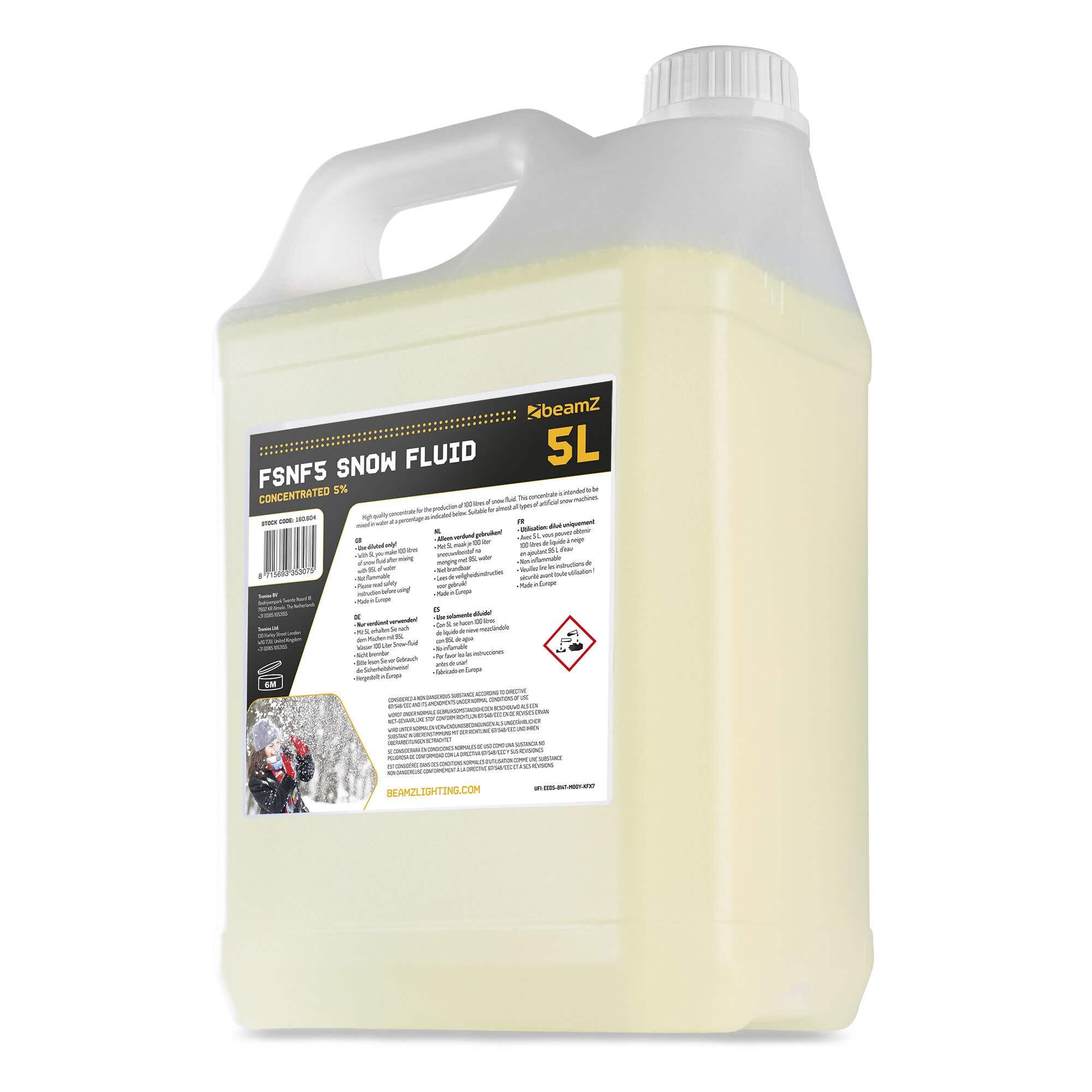 Beamz FSNF5 Líquido para Máquinas de Nieve Concentrado 5L, CREA 100L de Líquido para Nieve, Líquido para Máquinas de Nieve no inflamable para Efectos realistas, Compatible Amplia Gama de máquinas
