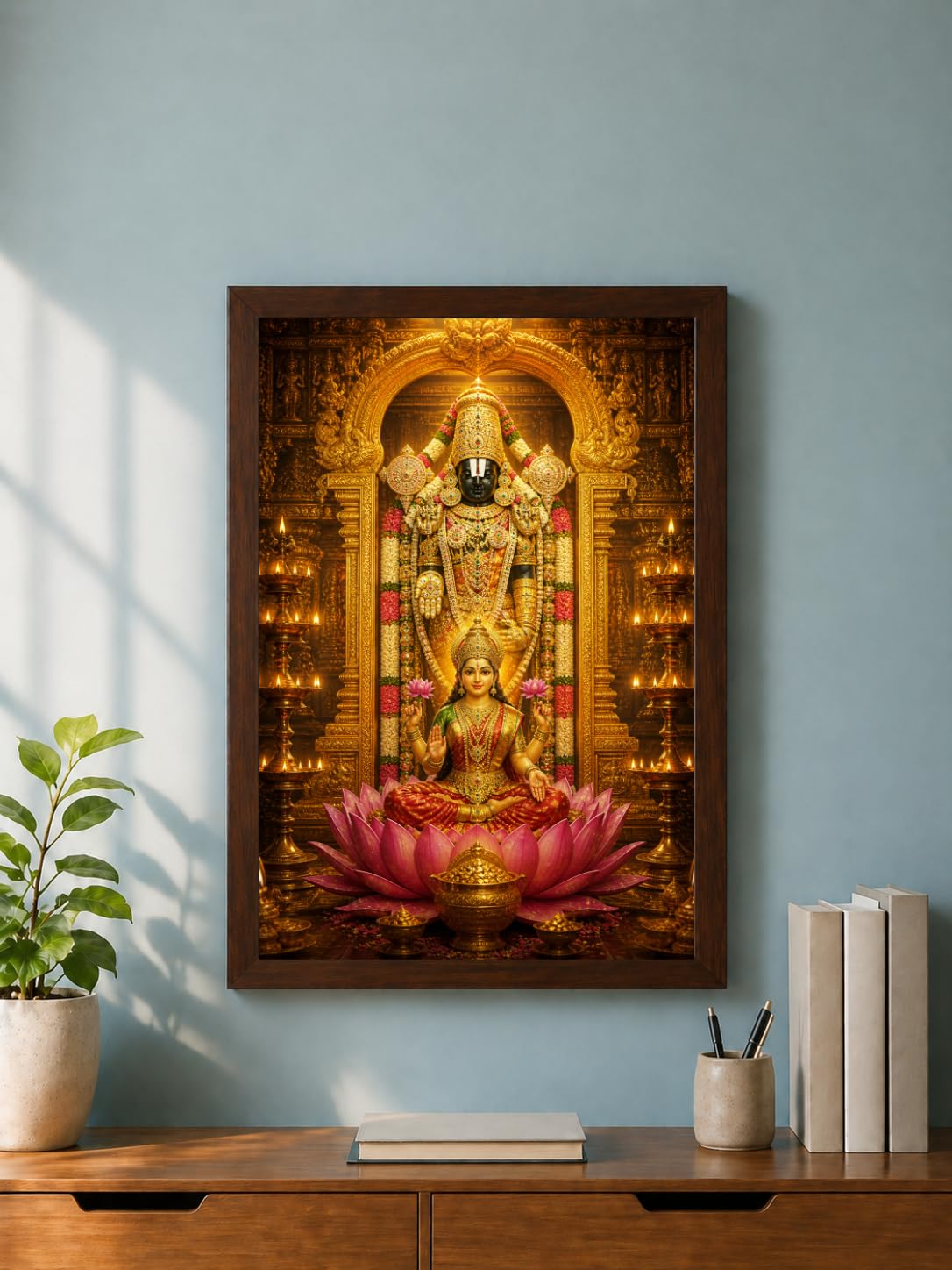 Lord Venkateswara & Goddess Lakshmi Photo Frame for Wall Decoration | Premium HD Tirupati Balaji Spiritual Wall Art with Walnut Finish | Hindu God Wall Decor | 12x18 Inch, Set of 1-image-8