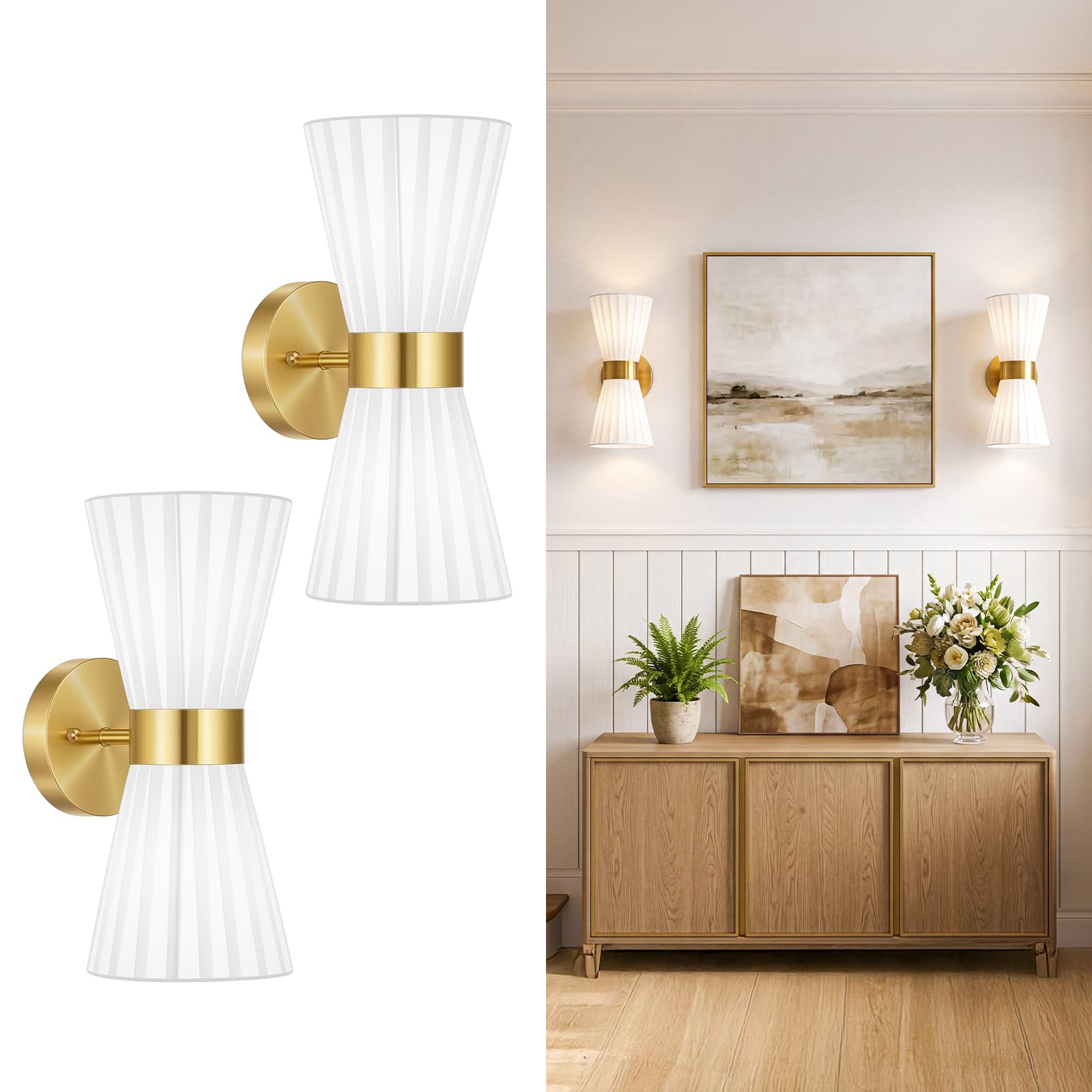 Photo 1 of ElilyGiA Gold Wall Sconces Set of 2, Milk White Pleated Fabric Shade