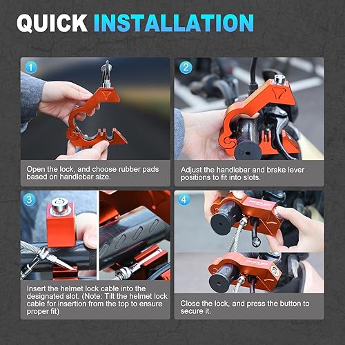 Vista 13 de Combo de bloqueo de motocicleta - Casco y agarre antirrobo para todas las motocicletas, bicicletas, cuatrimotos, scooters con diámetros de manillar