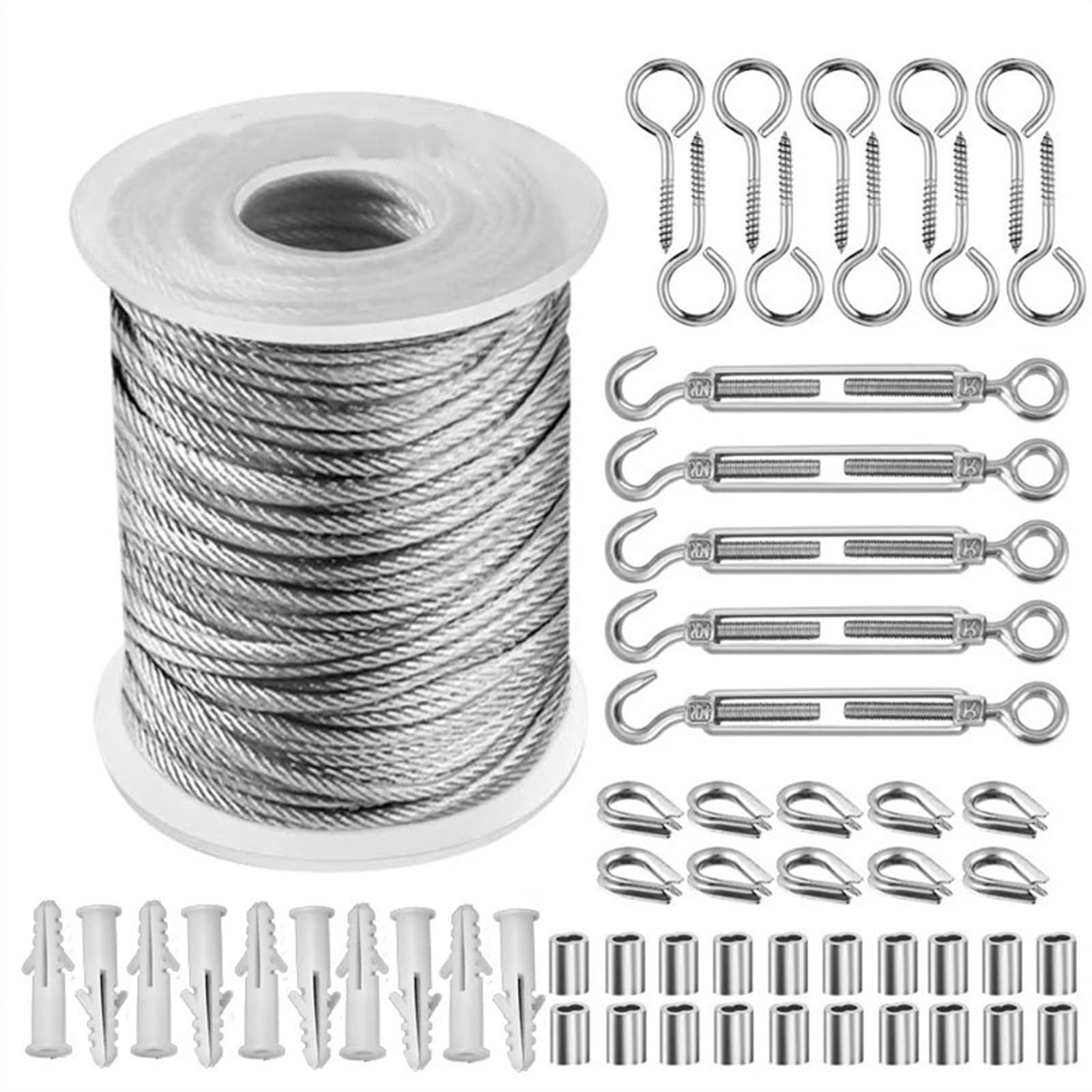 Cable Acero, Cable de Acero Kit de 50 metros de 2mm, cuerda de alambre Flexible recubierta de PVC de acero, cuerda de alambre suave, tornillos transparentes Uso apto para tendedero de acero inoxidable