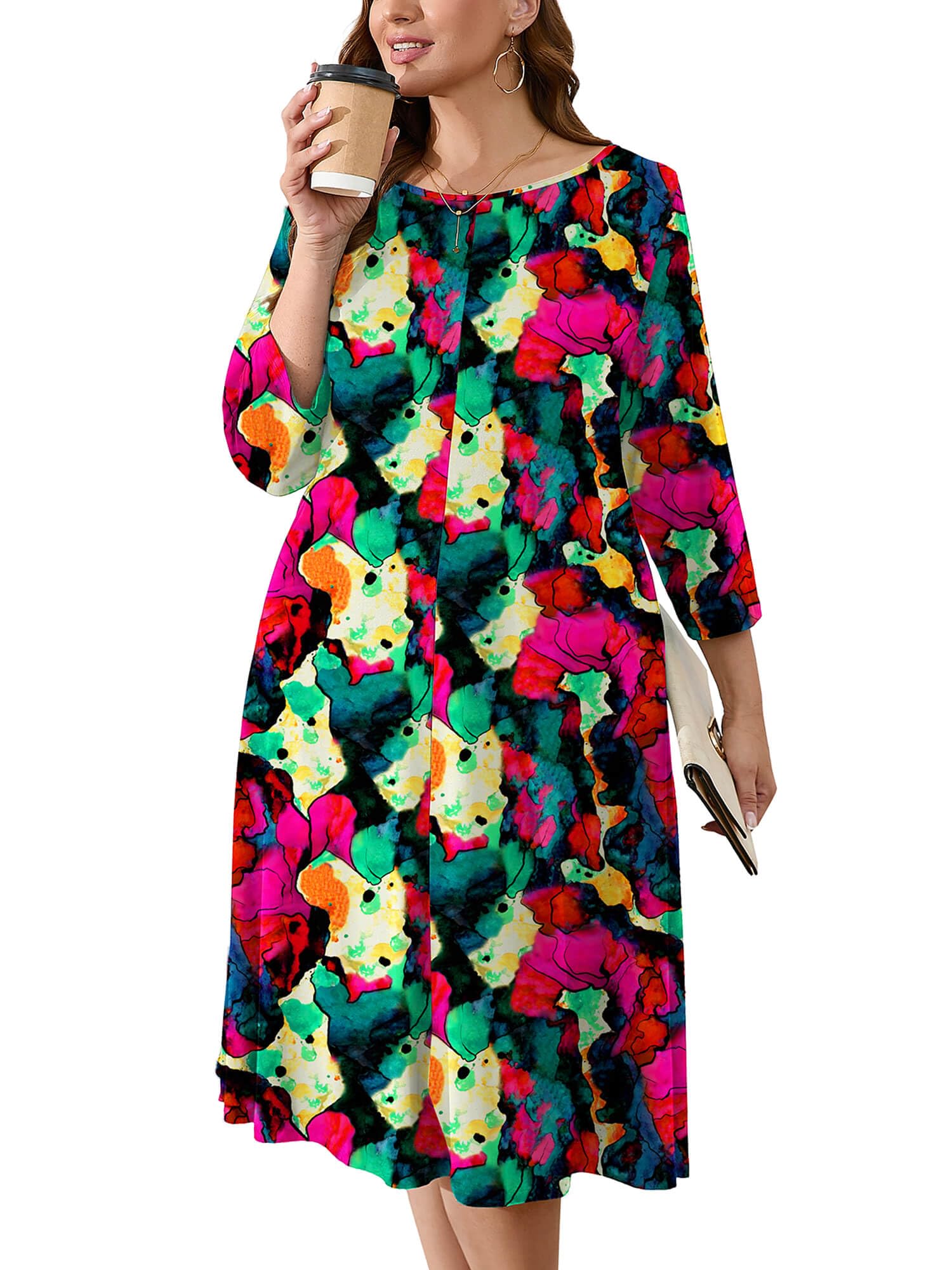 AusLook Women's Plus Midi Dresses Crew Neck A Line 3/4 Sleeves Casual Elegant Loose Wedding Vacation Dress with Pockets