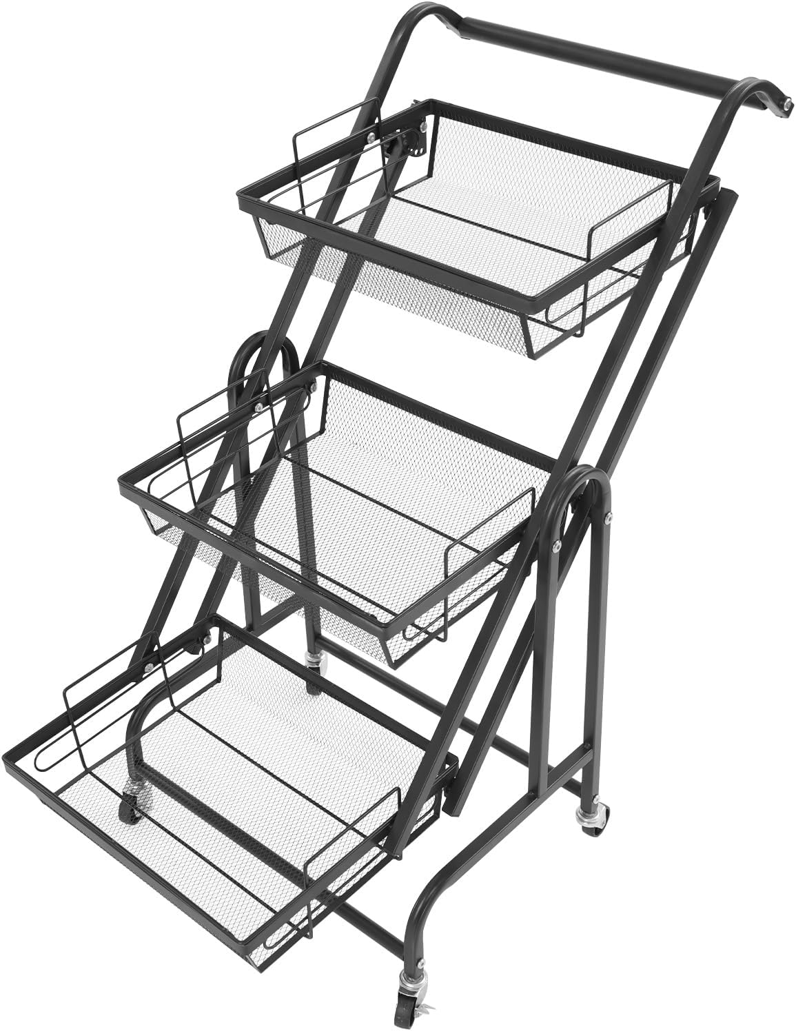 3-Tier Adjustable Metal Rolling Cart, 37.2in Multi-Purpose Storage Cart Movable Trolley with Wheel, 90° to 180°-Multi-Angle Adjustment for Kitchen, Office, Bathroom, Garden.