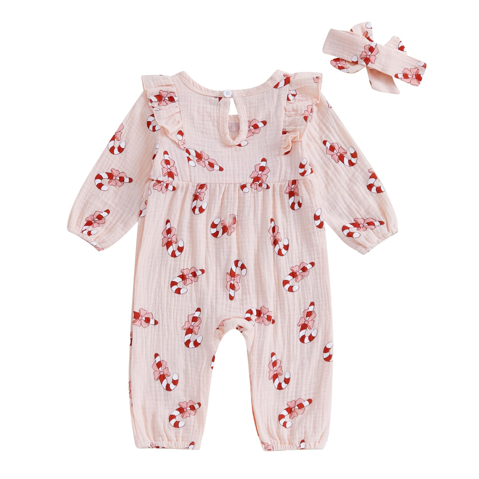 Licupiee Infant Girl Candy Jumpsuit Fall Outfit Long Sleeve Ruffle Romper Gingerbread Playsuit Newborn Christmas Baby Clothes (Pink, 0-3 Months)