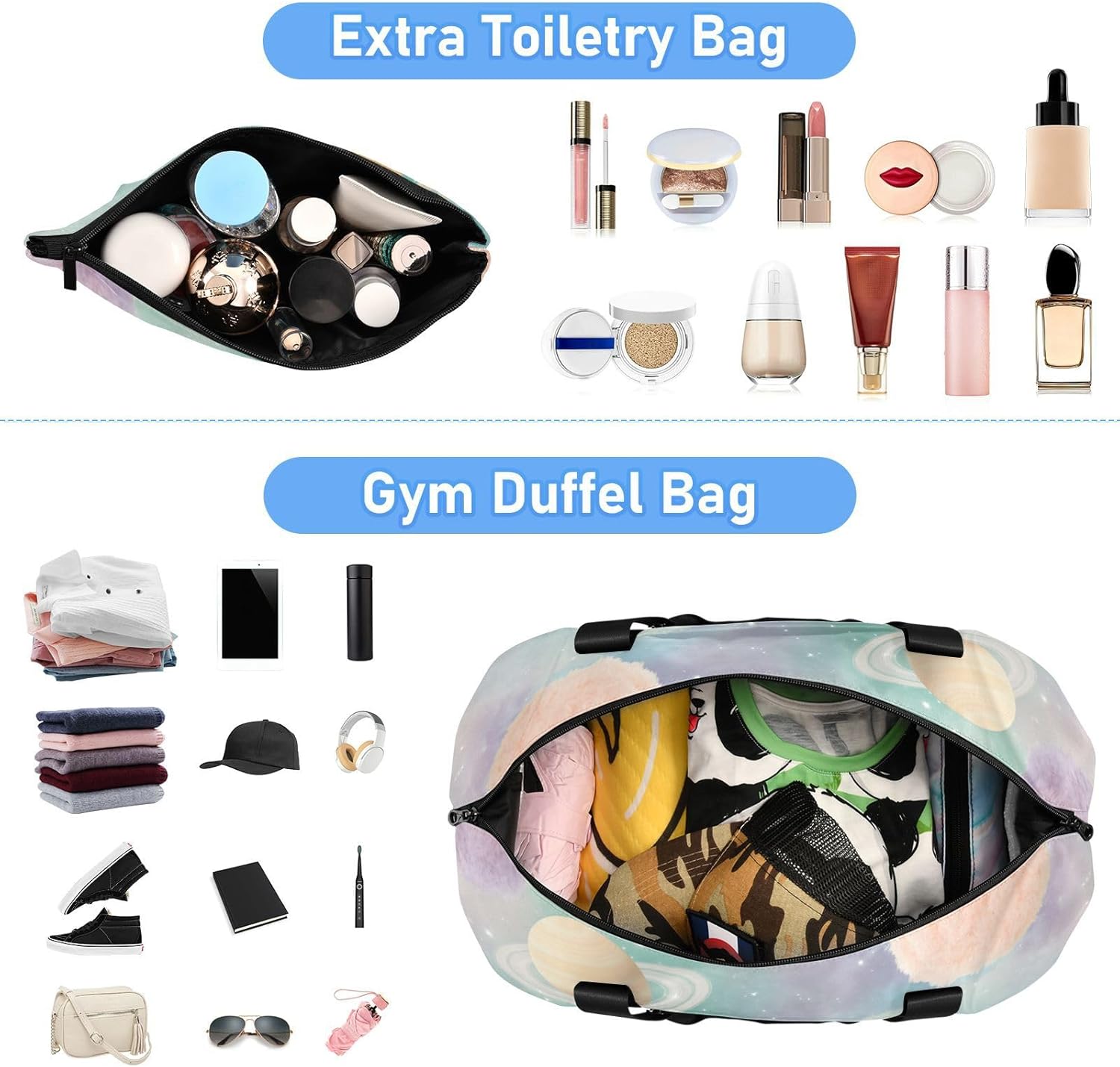 Cartoon Cute Colorful Plush Planet Sports Tote Gym Bag Weekend Bag with Toiletry Bag for Workout Waterproof