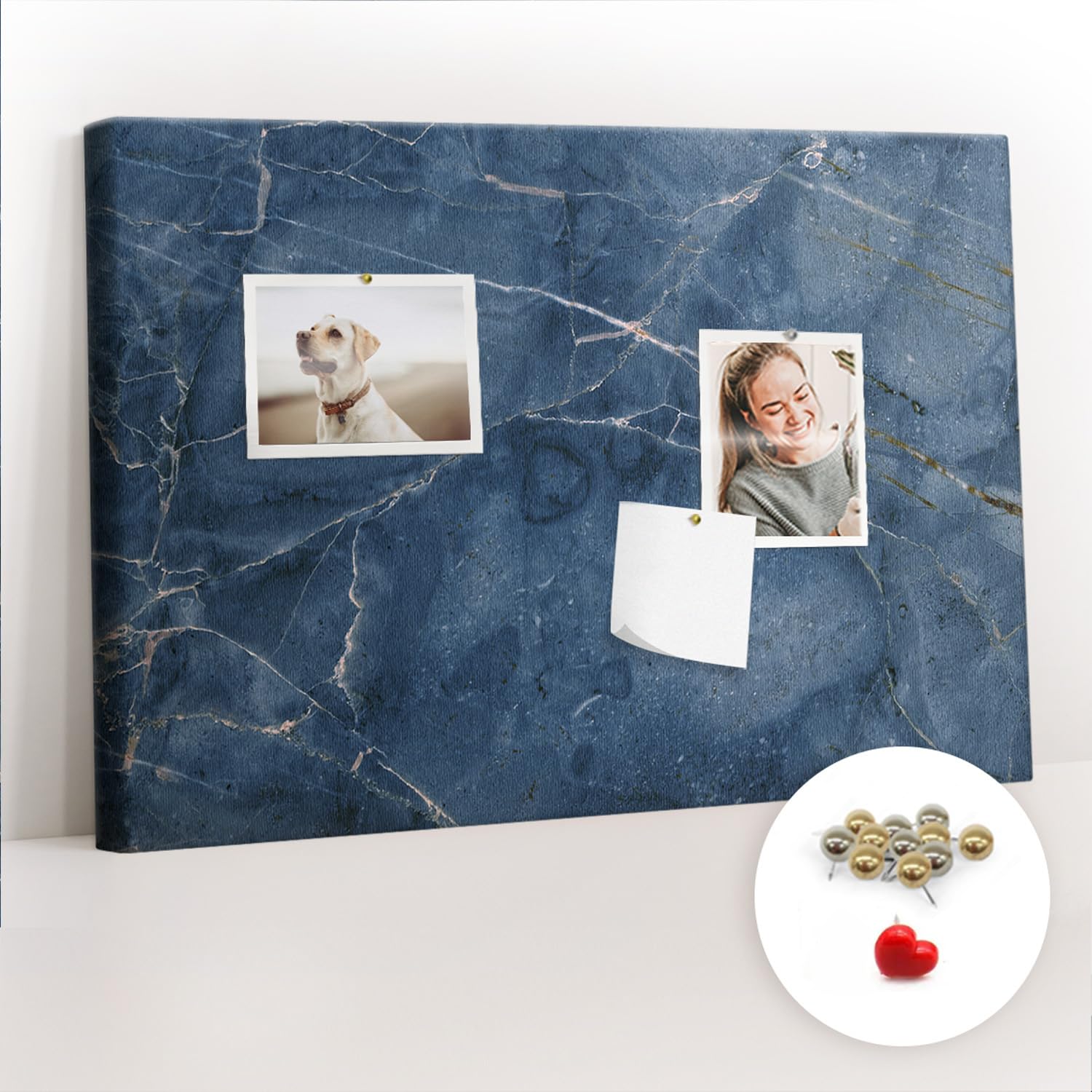 Pinnwand Korkmaterial Set inkl. Stecknadeln | Funktionale Infotafel für Büro, Schule, Küche | Organisation von Aufgaben, Notizen, Terminen, Fotos, Projekten 60x40 - metallisch - Eleganter Marmor
