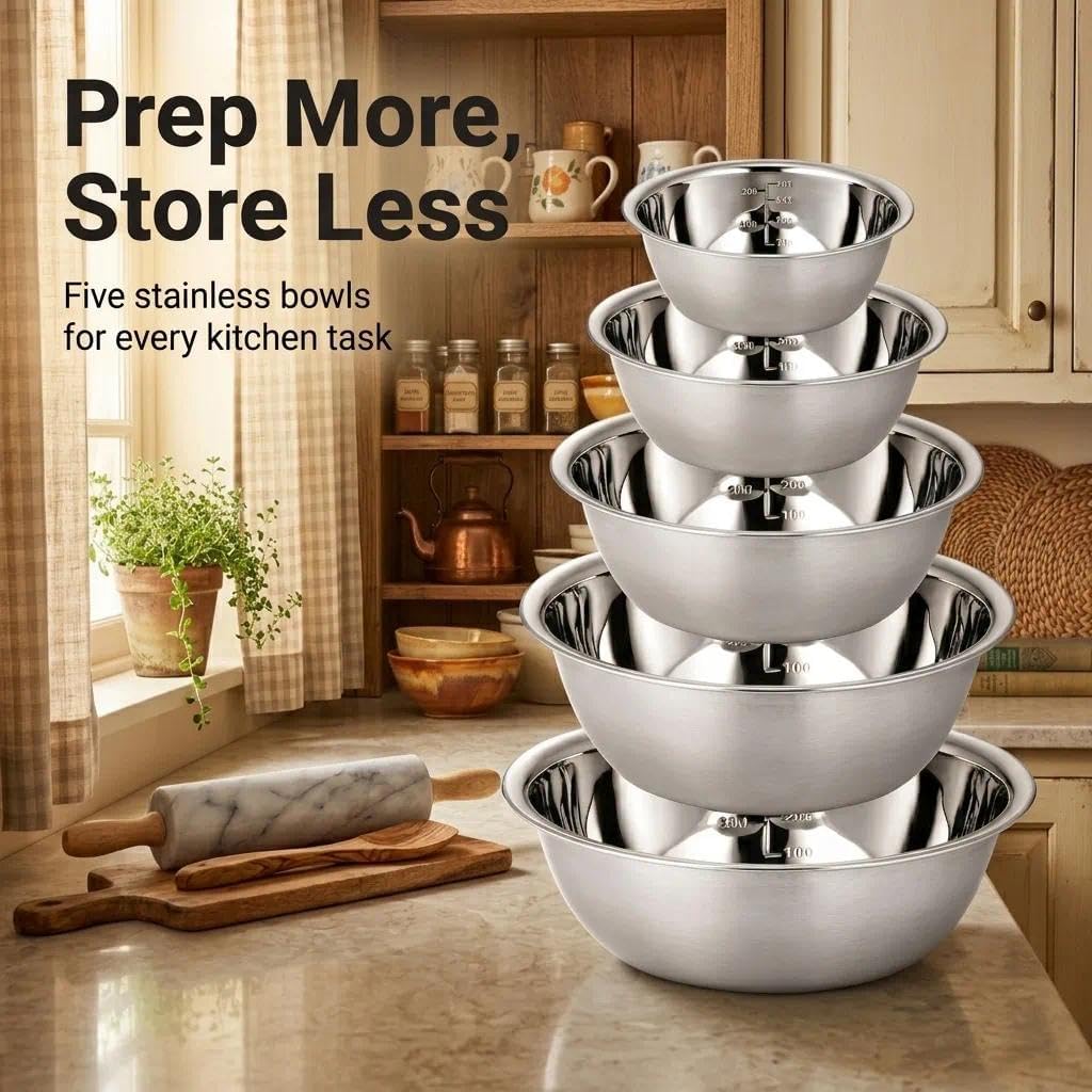 Stainless Steel Bowl, Metal Bowl, Stainless Steel Bowl Set, Mixing Bowl, Serving Bowl, Stackable, Salad Bowl with Scale, for Salad, Kitchen, Baking, Set of 5, 14/16/20/22/24 cm image 3