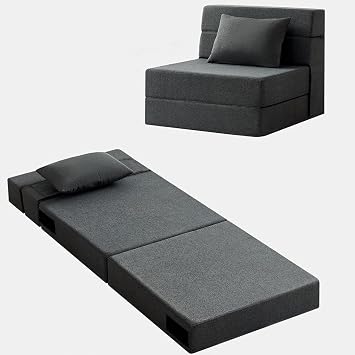 Folding Sofa Bed - Convertible Sleeper Chair with Pillow, Folding Chair Bed, Foam Floor Mattress, Futon Couch, Lazy Sofa for Living Room/Dorm/Guest Room/Home Office,Single,Gray