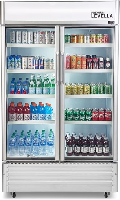 PremiumLevella PRN210DX Glass Door Display Refrigerator 21 cu ft Commercial Beverage Cooler Merchandiser With Customizable Lightbox - Silver