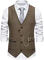 Colete masculino de tweed espinha de peixe com gola V com corrente dourada para decoração de ajuste regular