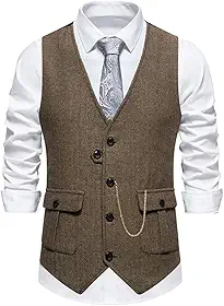 Colete masculino de tweed espinha de peixe com gola V com corrente dourada para decoração de ajuste regular