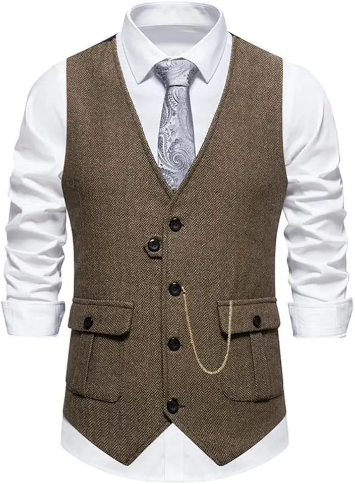 Colete masculino de tweed espinha de peixe com gola V com corrente dourada para decoração de ajuste regular