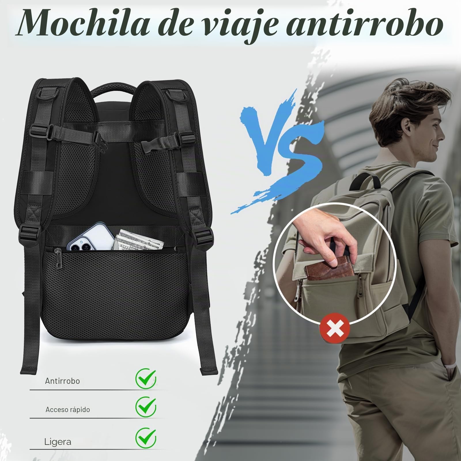 VMIKIV Mochila 40x30x20 para Ryanair 24L Mochila Viaje Cabina Avion 40x20x25 con Bolsillo Antirrobo Maleta 40x30x20 Equipaje de Mano Travel Backpack Hombre Mujer, Negro