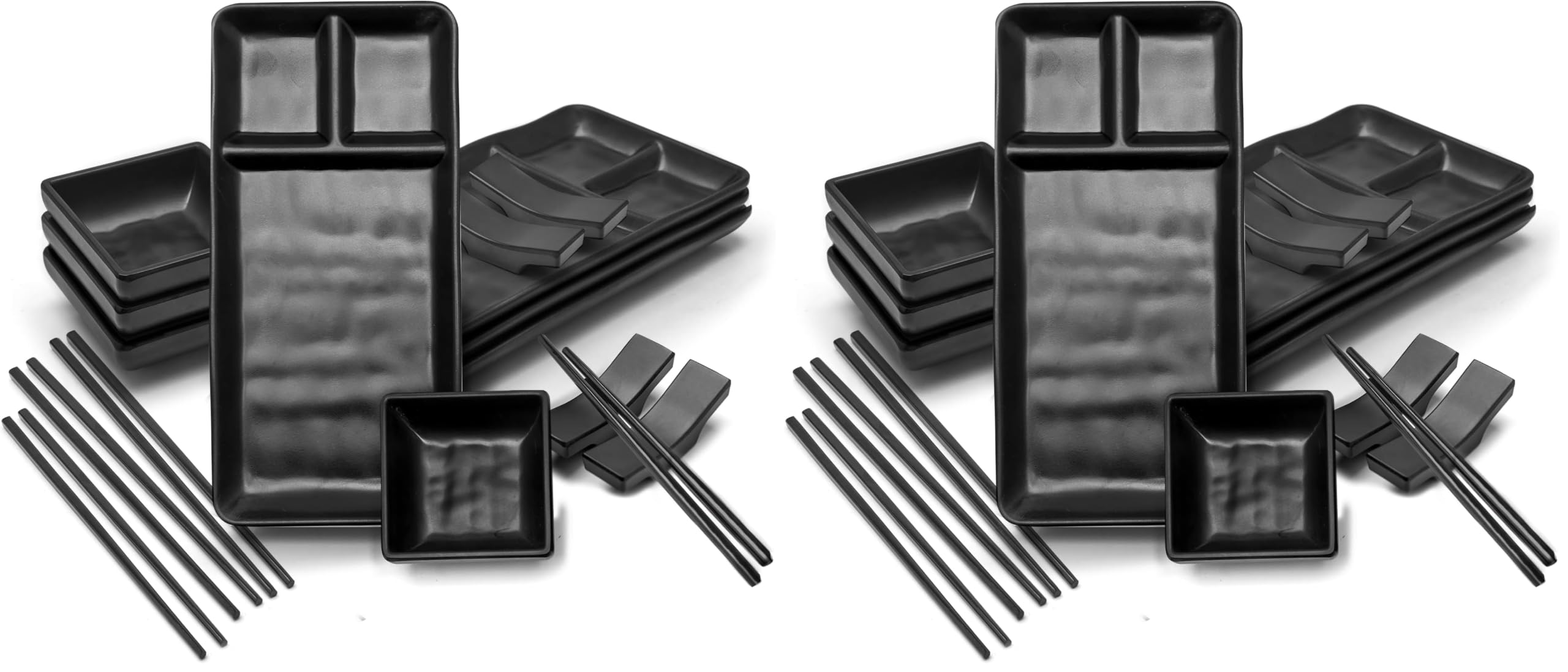Sushi Serving Set, with 4 Japanese Sushi Serving Plate, 4 Soy Sauce Dish, 4 pairs of chopsticks and 4 chopsticks stands- Melamine Serving Set for Sushi (Black) (Pack of 2)