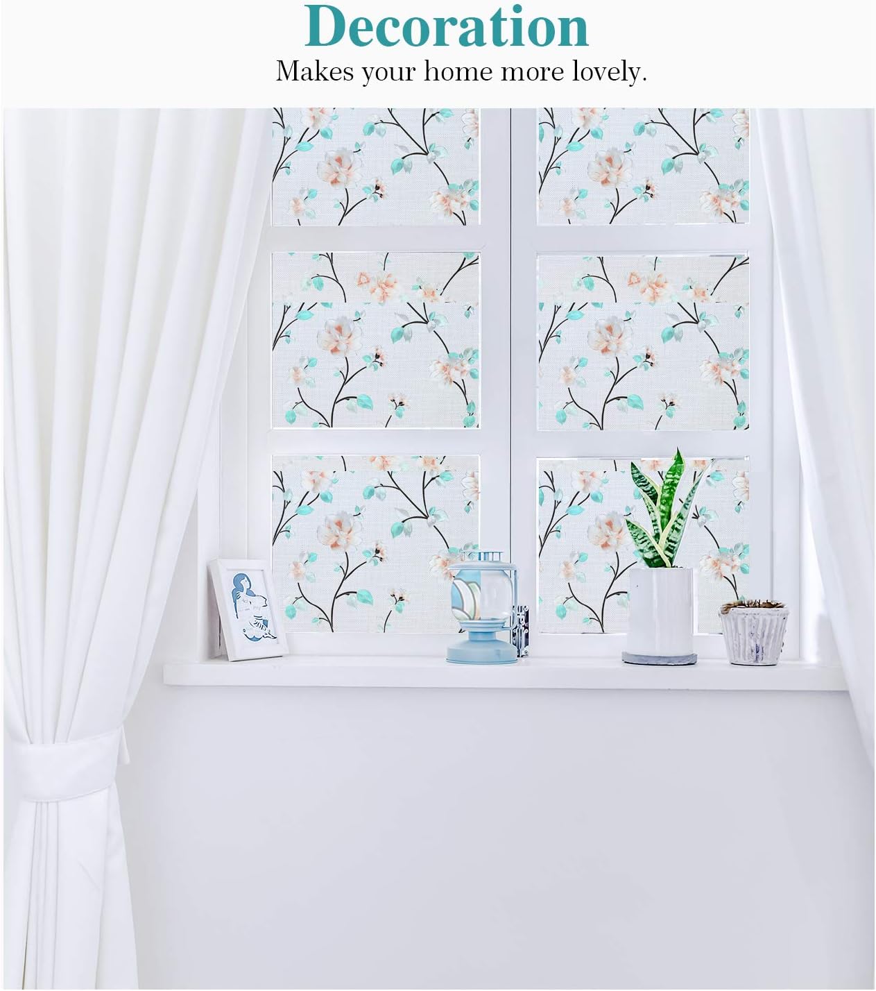 Housolution Window Films, No Glue Static Cling Removable Protective Cover for Living Room Bedroom Bathroom Kitchen Office, Non-Adhesive PVC Glass Sticker for Home Decor - Jasmine (78.7 x 17.7 in)