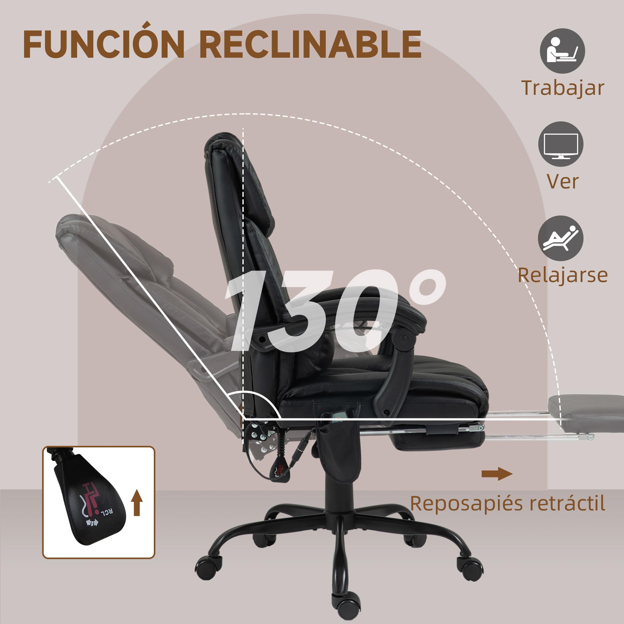 Vinsetto Silla de Oficina con Masaje Vibratorio de 6 Puntos Negro | Silla de Escritorio Giratoria, Respaldo Alto Reclinable, Altura Ajustable, Reposapiés, Mando a Distancia