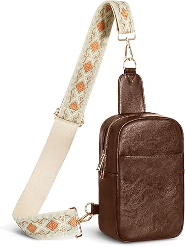 MoKo Small Sling Bag for Women Vegan Leather Small Trendy Detachable Shoulder Strap Crossbody Chest Bags for Women and Men Daily Travel Hiking, Brown