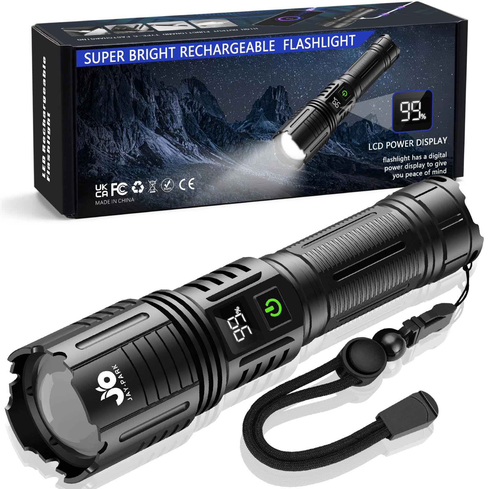 JAY-PARK Taschenlampe LED Aufladbar 500000 Lumen, Extrem Hell Taktische Taschenlampe mit 5000mAh Akku, 5 Modi, IP67 Wasserdicht, USB-C Schnellladung & Zoom, 1600m Reichweite Outdoor, Jagd, Camping