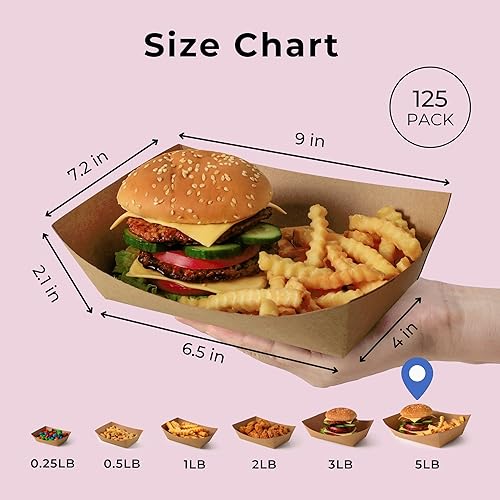 Miniatura 2 de Fit Meal Prep Paquete de 125 Bandejas de papel de 5 libras para alimentos desechables de alta resistencia, bandeja de nachos marrón kraft para