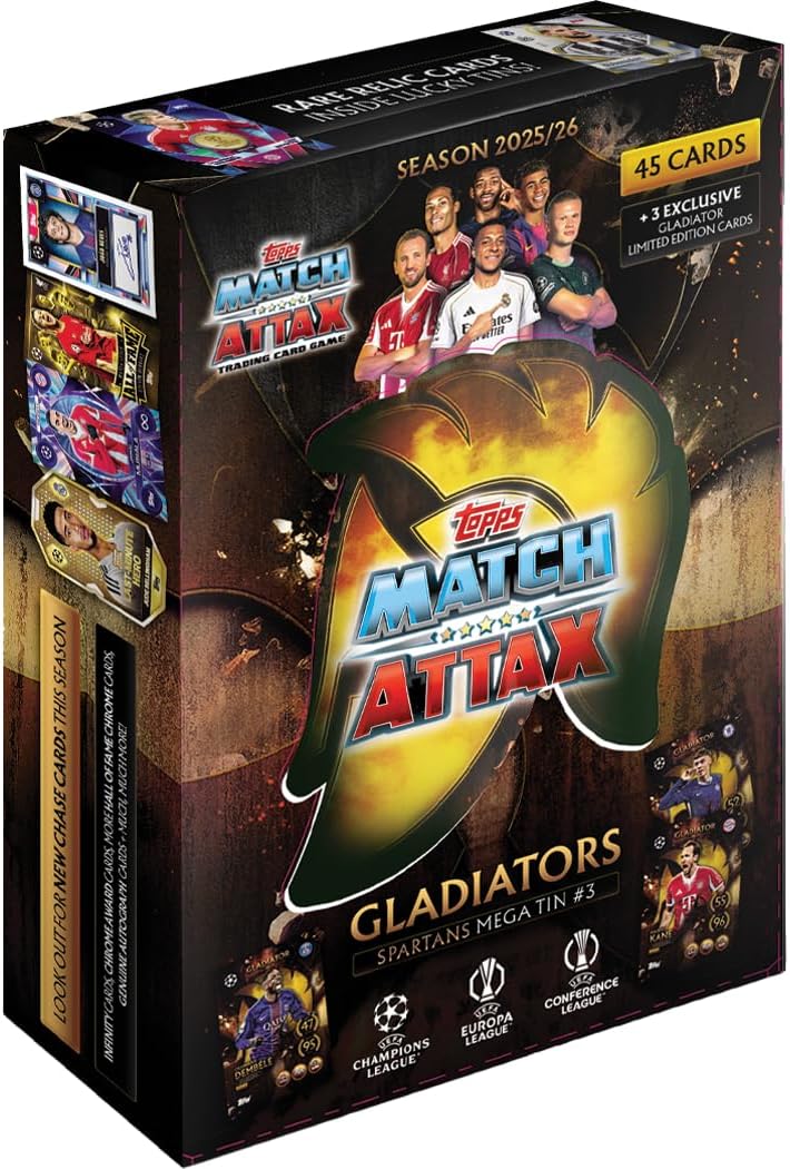 Topps UCC Match Attax 2025/26 - Mega Tin - Spartans - contains 45 Match Attax cards plus 3 exclusive Gladiators LE cards.