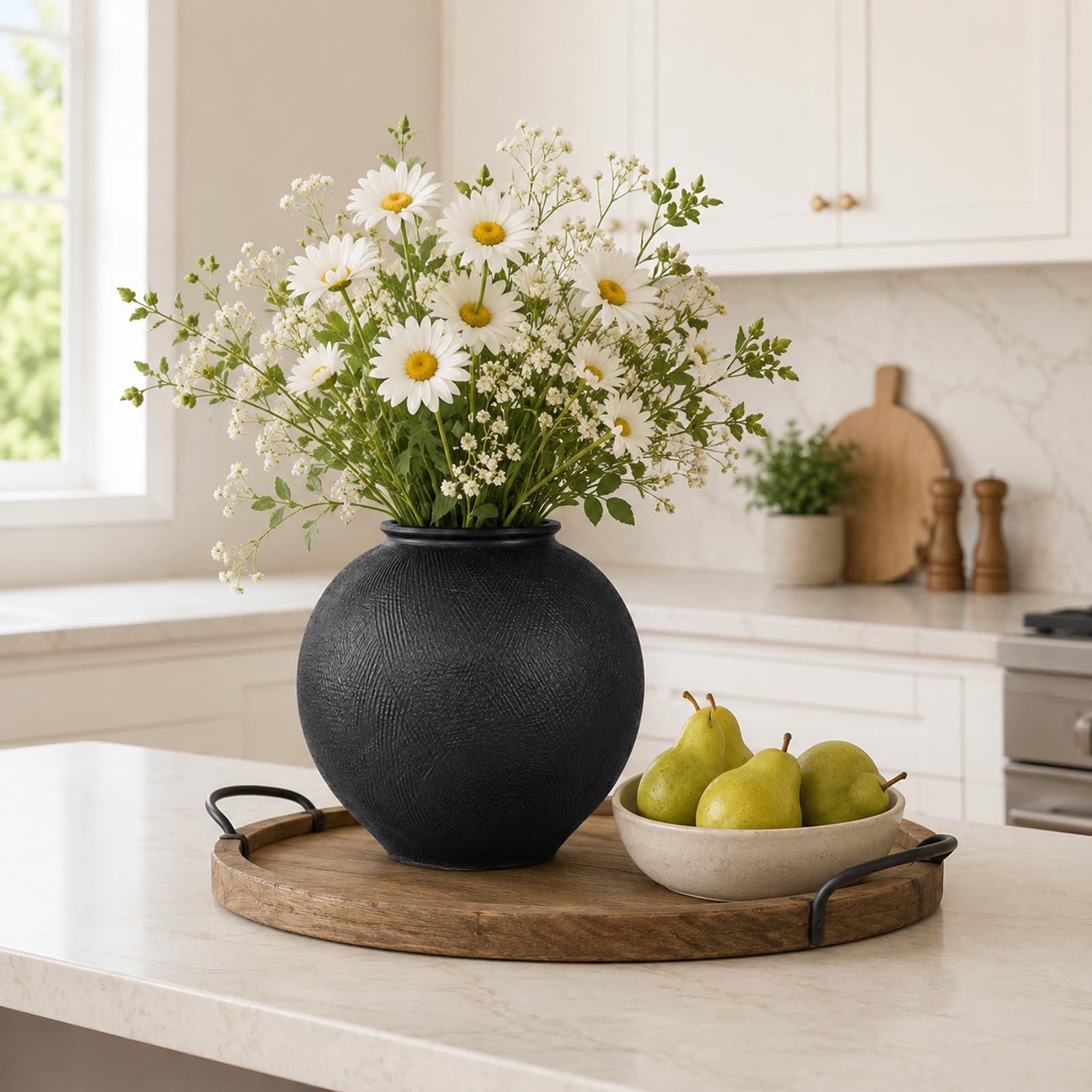 Rustikale Keramikvase, Bauernhaus, minimalistisch, hohe Blumenvase für Tisch, Wohnzimmer, Heimdekoration, Badezimmer, Urlaub, Hochzeit, 1 Stück, Sandsteinschwarz (Schwarz, 23,1 cm)