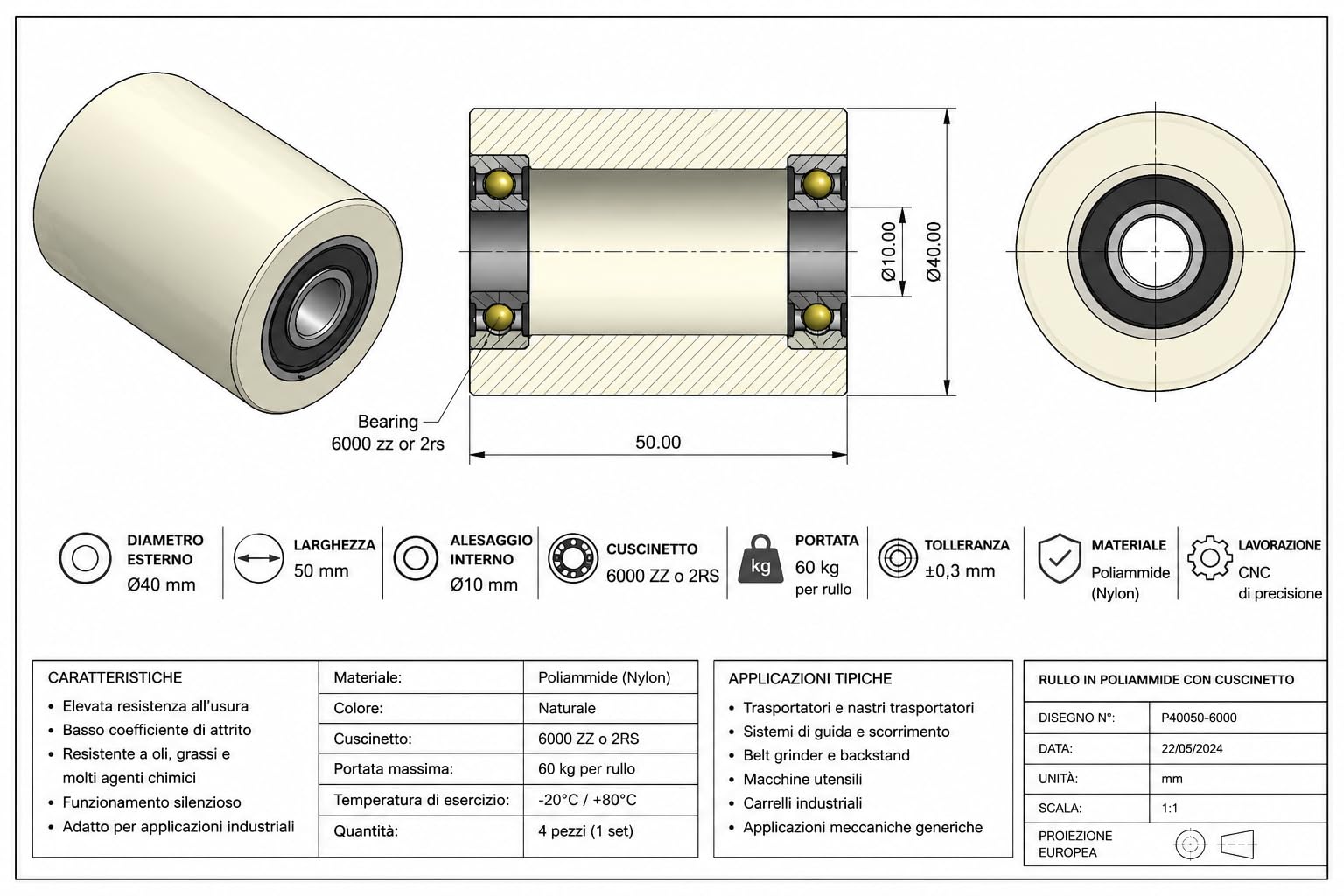 Lot de 4 rouleaux en nylon polyamide - Diamètre : 40 mm - Largeur : 50 mm - Largeur : 10 mm - Roulements précis (40-50-10).