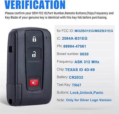 Miniatura 2 de Reemplazo del transmisor remoto de entrada sin llave inteligente para Toyota Prius 2004-2009 con 3 botones Preguntar 312MHz 4D69 Chip (FCCD: