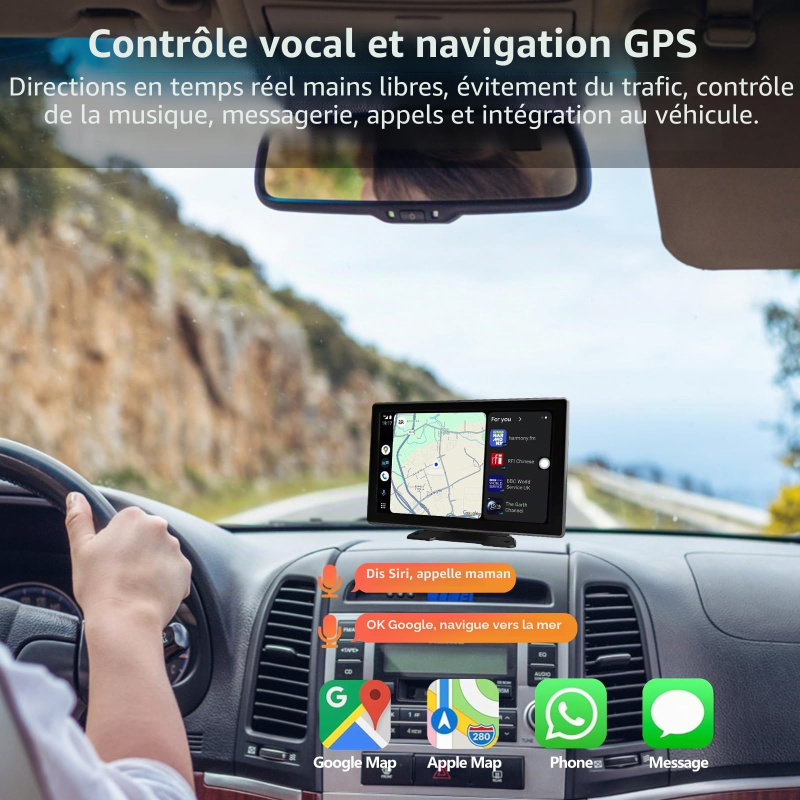 Écran de voiture portable 9" CarPlay/Android Écran tactile IPS HD avec caméra embarquée 4K et caméra de recul 1080p, Commande vocale BT FM Mirror Link pour tous les véhicules