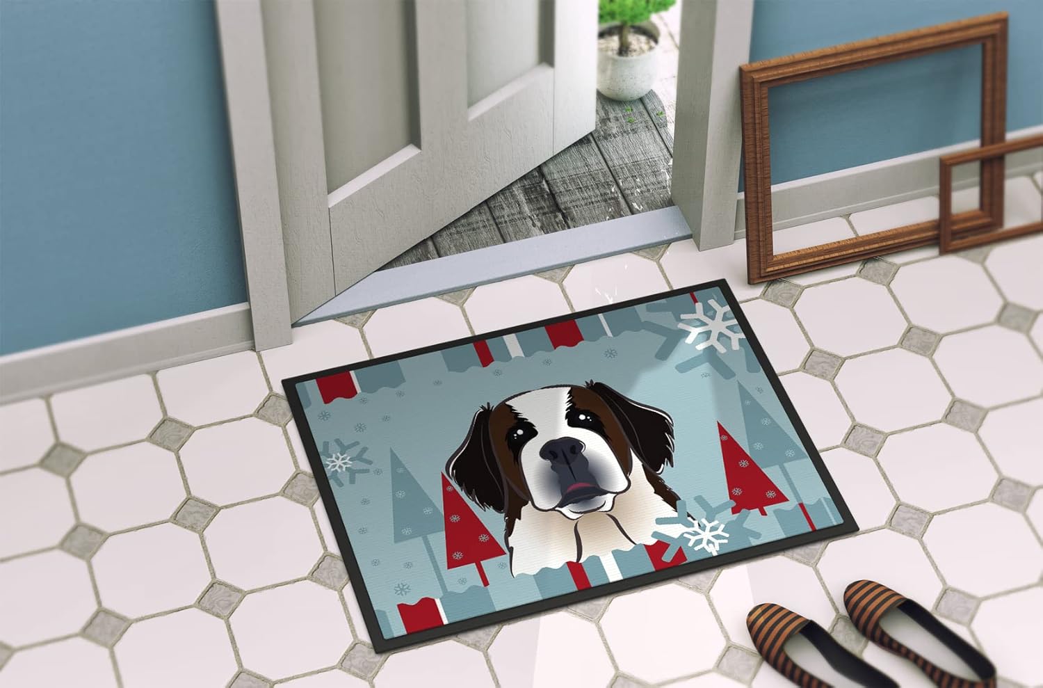 Caroline's Treasures BB1742JMAT Winter Holiday Saint Bernard Doormat 24x36 Front Door Mat Indoor Outdoor Rugs for Entryway, Non Slip Washable Low Pile, 24H X 36W