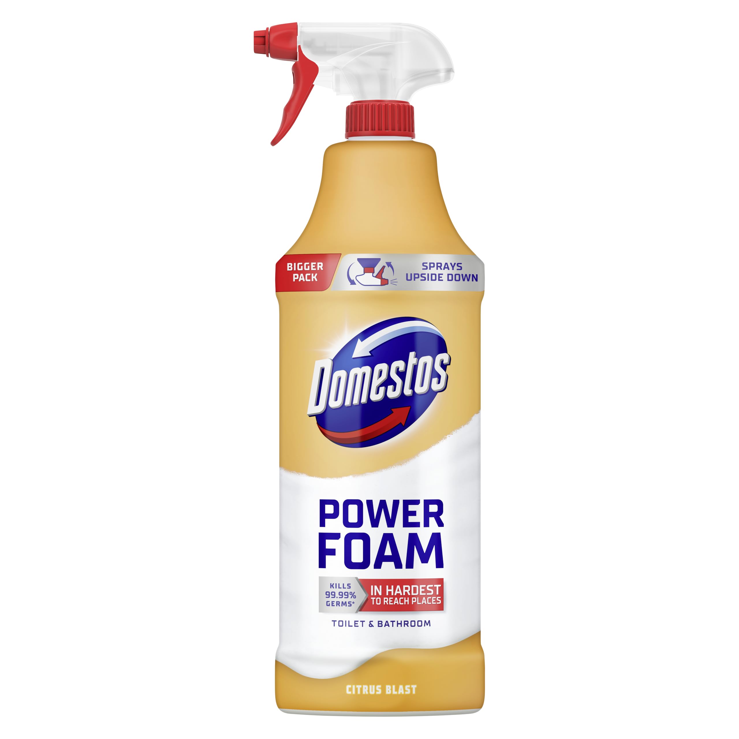 Domestos Power Foam Citrus Blast Toilet & Bathroom Cleaner Spray sprays upside down & eliminates 99.99% of germs* for cleaning inside the toilet & around the bathroom 650 ml