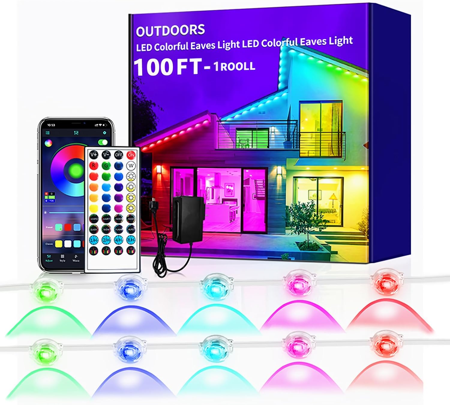 Permanent Outdoor Lights - 100FT Smart Outdoor Eaves Light with App/Remote Control,Music Synchronization, IP67 Waterproof, LED Eaves Lights for Patio/Eave/Party Decorations (100FT)